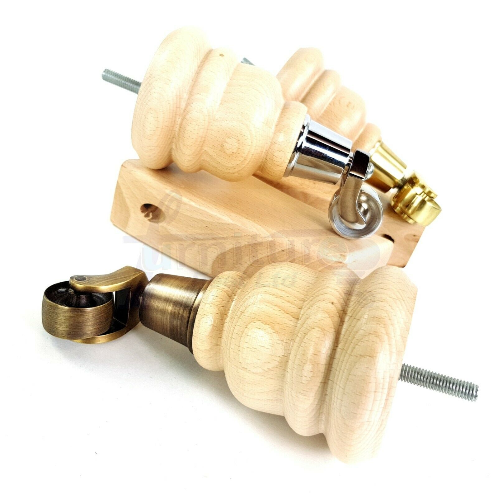 Turned Natural Wood Furniture Feet 2 With Castors 155mm and 2 Curved Back Legs Sofas Chairs Stools Cabinets Beds M8 6 Inches