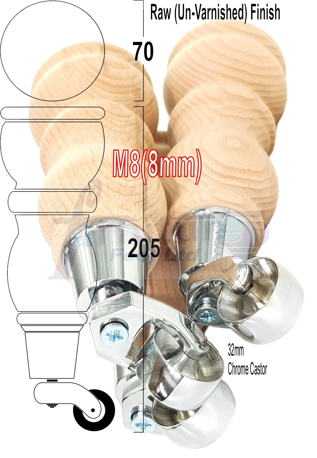 Raw Beech Wood Furniture Legs With Castors Set of 4 Settee Feet 205mm High M8 Threaded Dowl Fitting