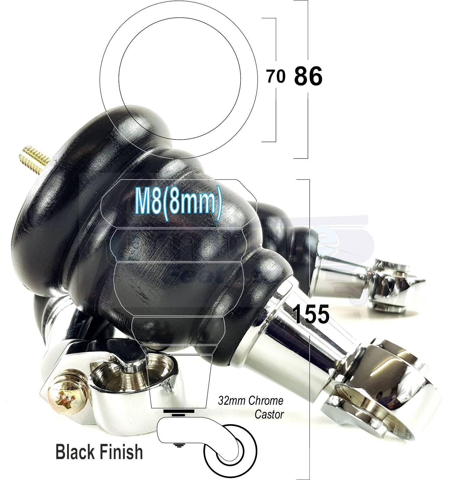 4 Turned Wood Furniture Feet With Chrome Castors 155mm Legs Sofas Chairs Stools Cabinets Beds M8 6 Inches