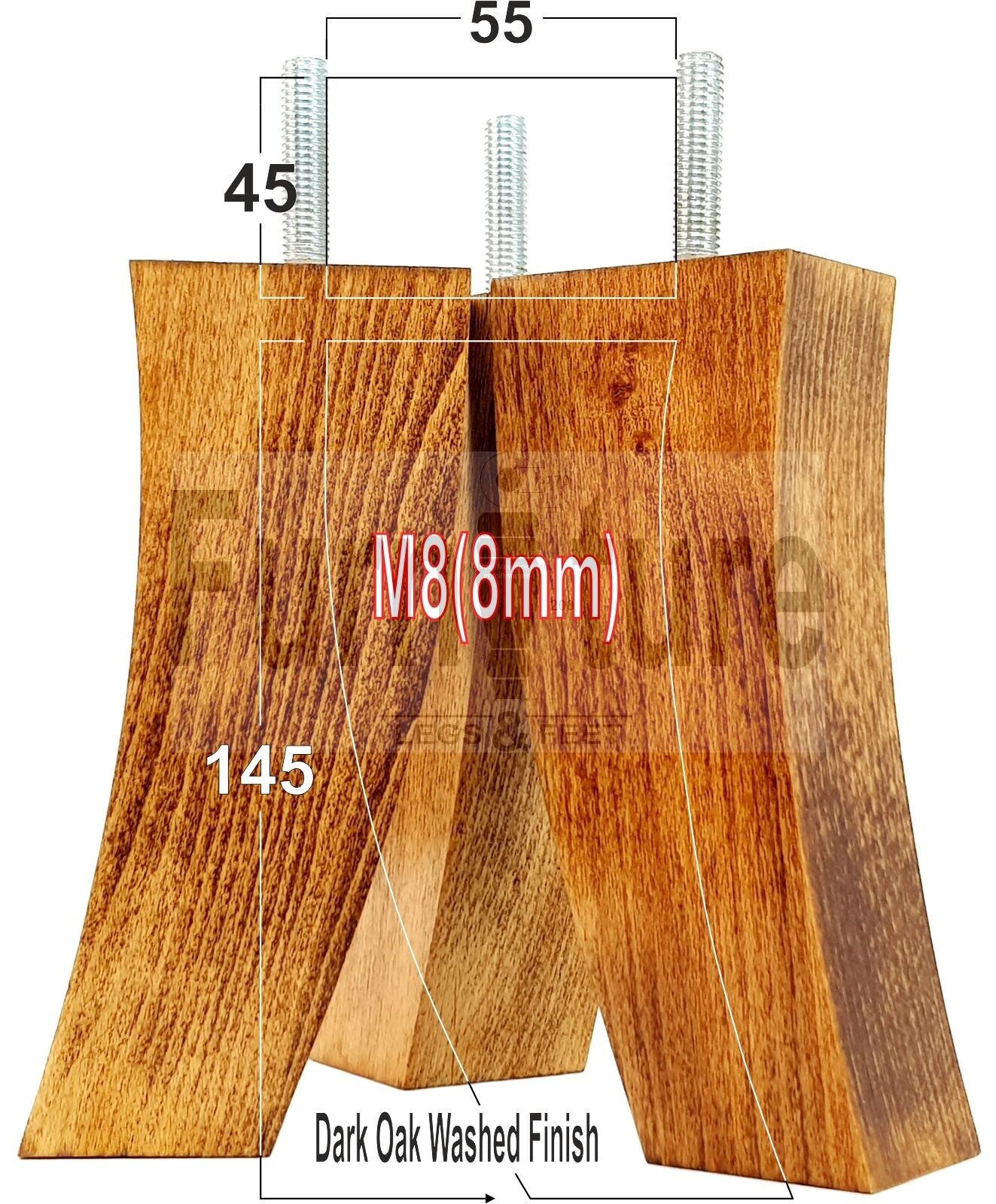 Set Of 4 Solid Wood Curved Furniture Feet Replacement Legs 145mm High M8(8mm)