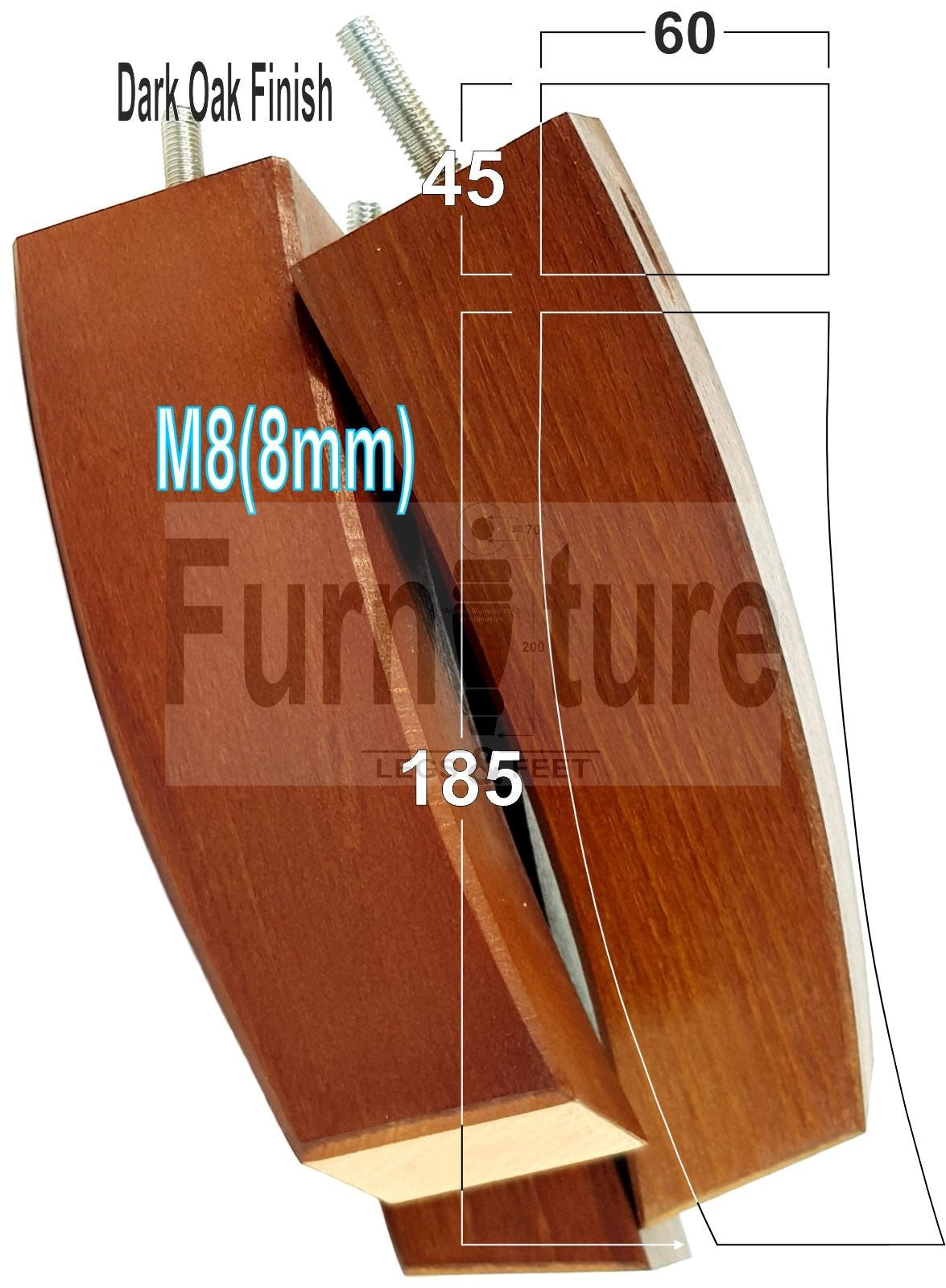 Set Of 4 Solid Wood Curved Furniture Feet Replacement Legs 185mm High M8(8mm)