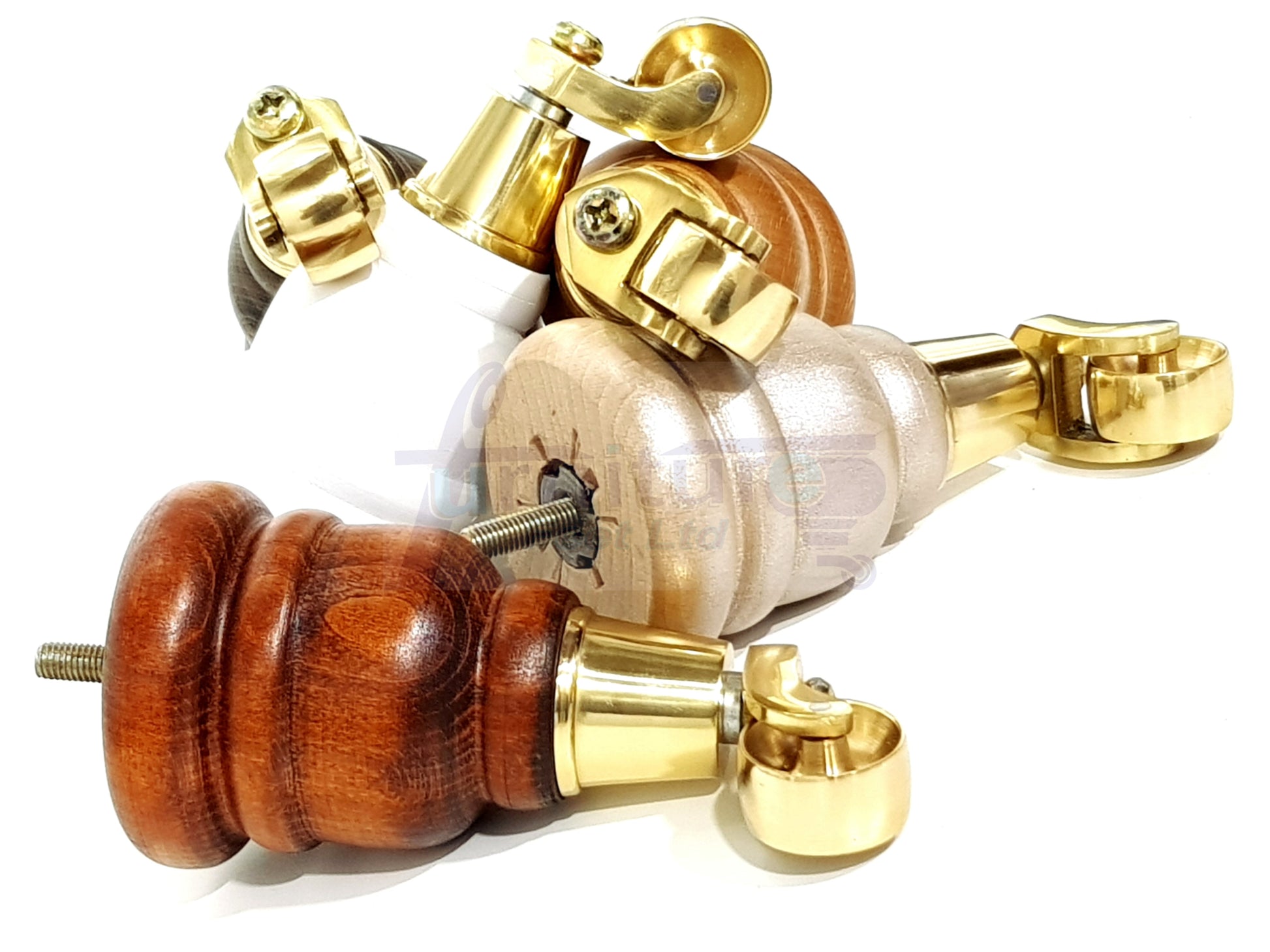 4 Turned Wood Furniture Feet With Brass Castors 155mm Legs Sofas Chairs Stools Cabinets Beds M8 6 Inches