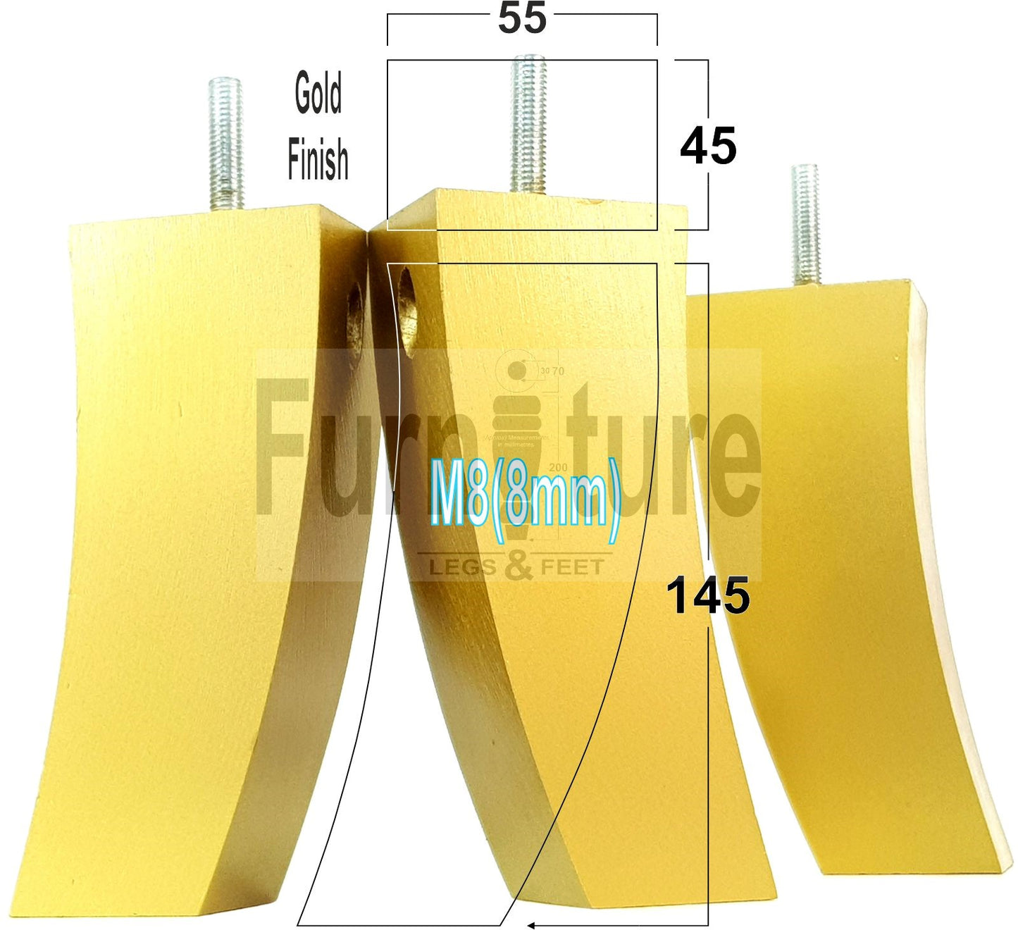 Set Of 4 Solid Wood Curved Furniture Feet Replacement Legs 145mm High M8(8mm)