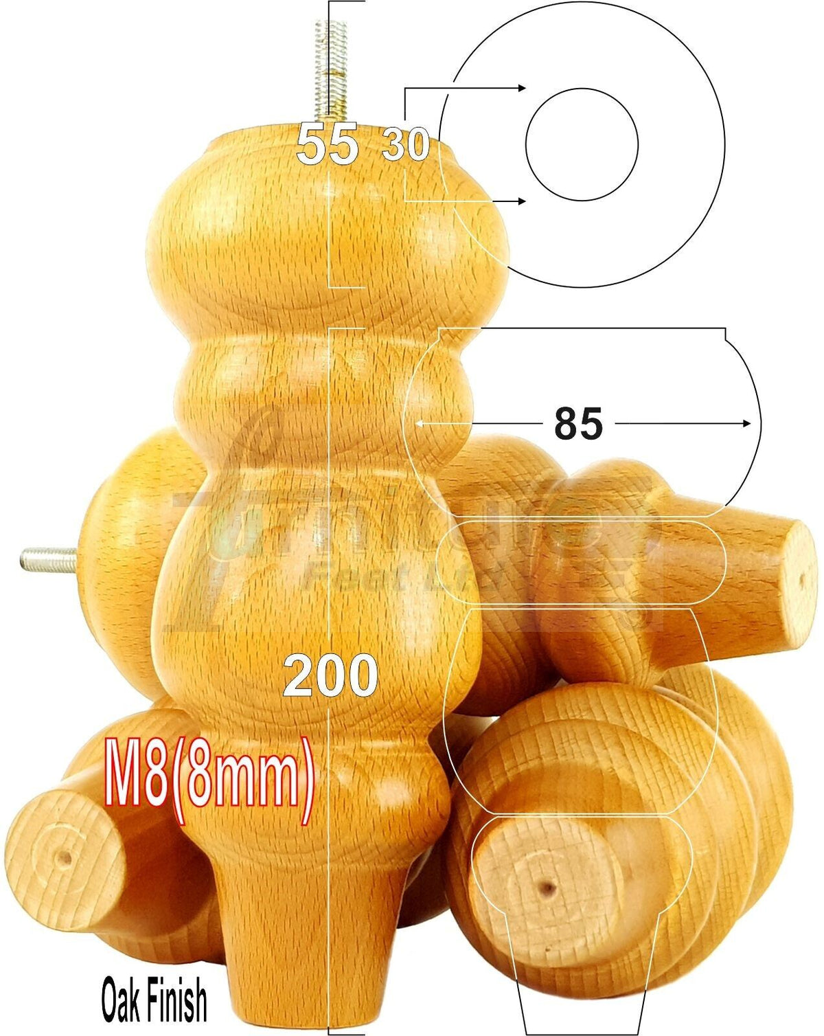 4 Solid Wood Furniture Legs Replacement Turned Chair Feet 200mm High M8 Threaded Dowl
