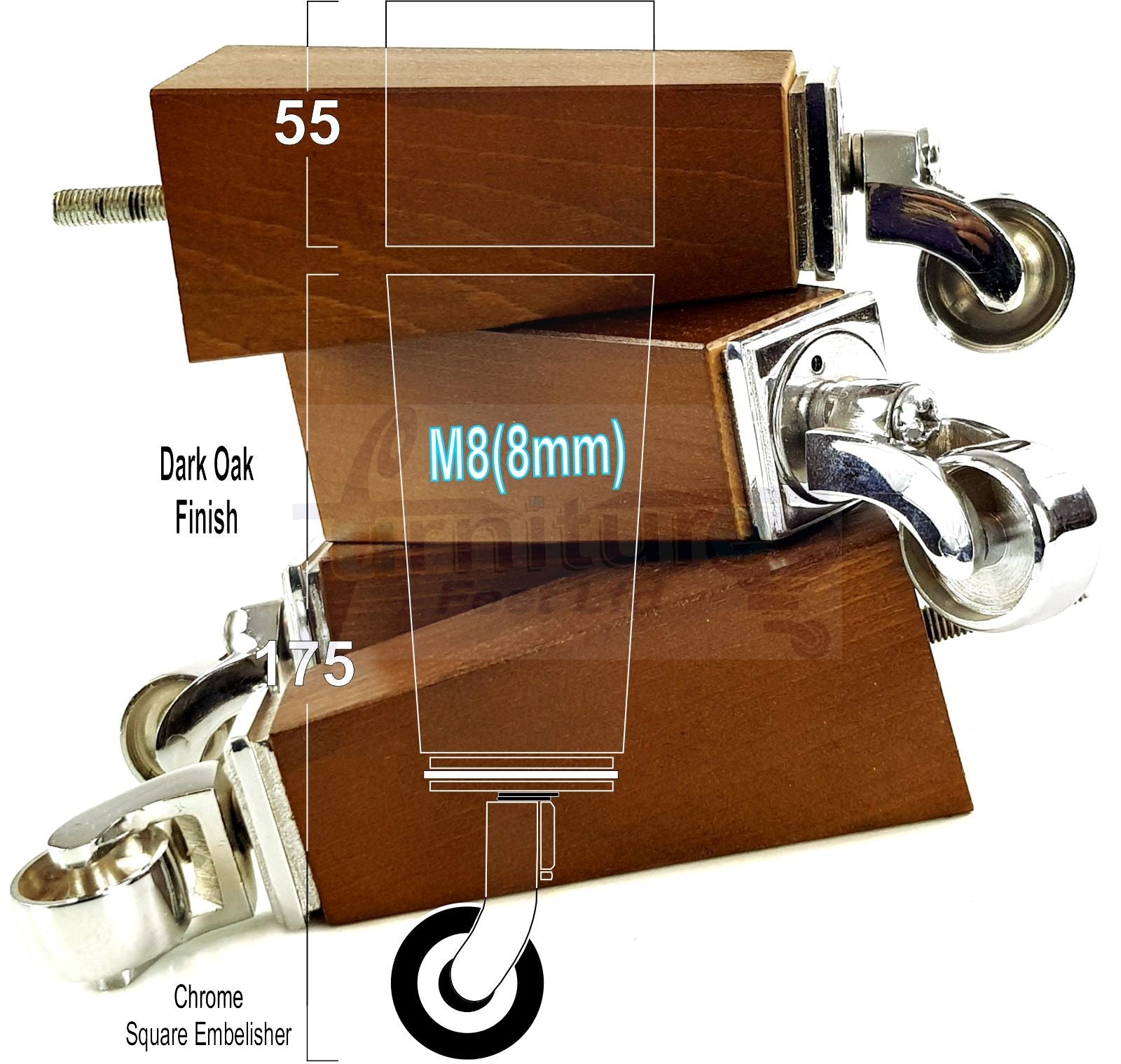 4x Solid Wood Furniture Legs Chair Sofa Bed Replacement Feet 175mm High With Chrome Castors 8mm Thread