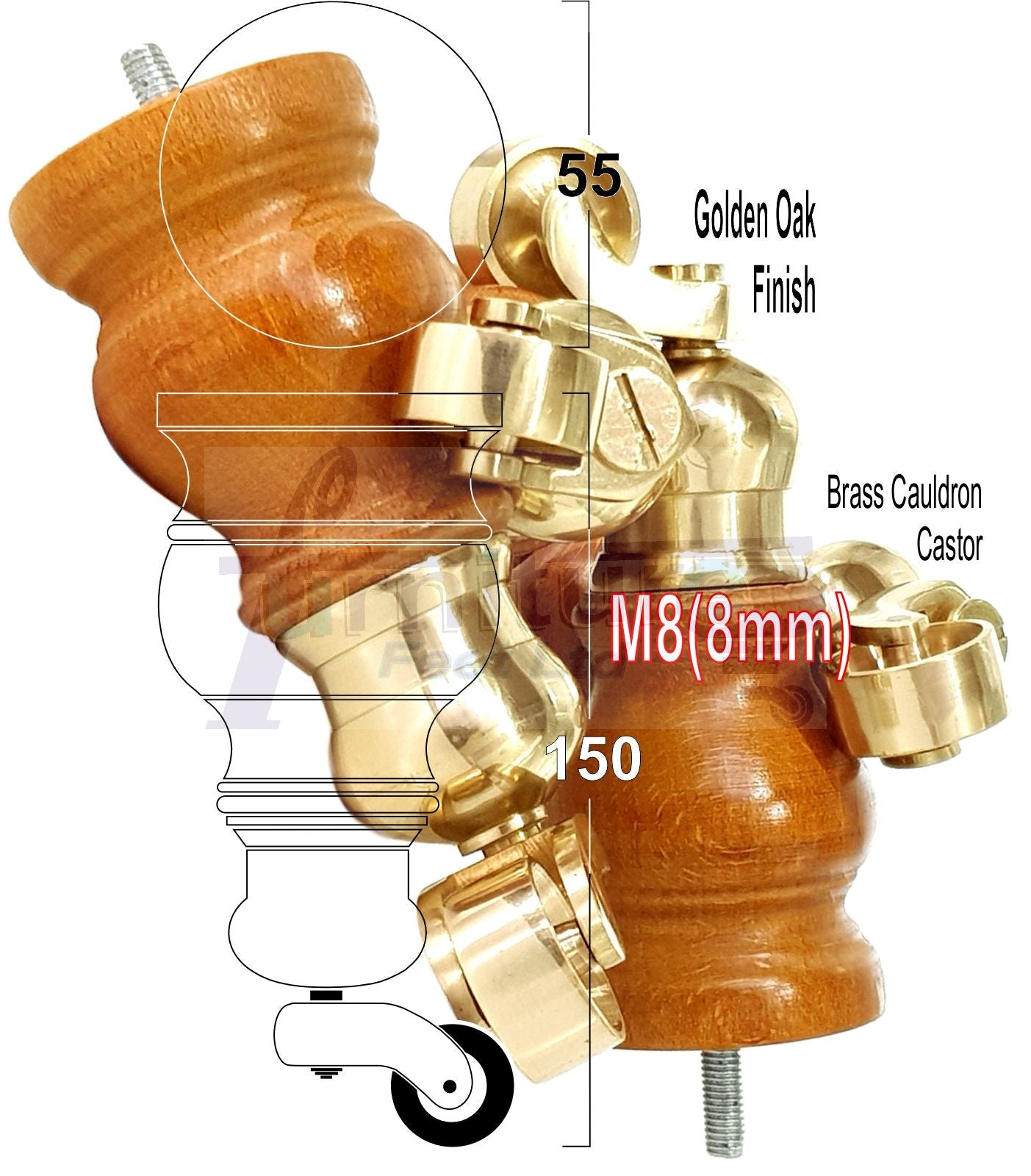 Set Of 4 Turned Wood Furniture Legs With 150mm High Castor 8mm Thread For Chairs Settees & Cabinets Golden Oak Finish