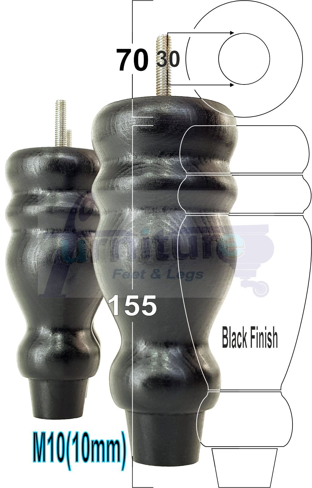 Set Of 4 Turned Wood Furniture Legs Replacement Sofa, Chair Feet 155mm High M10 Tread