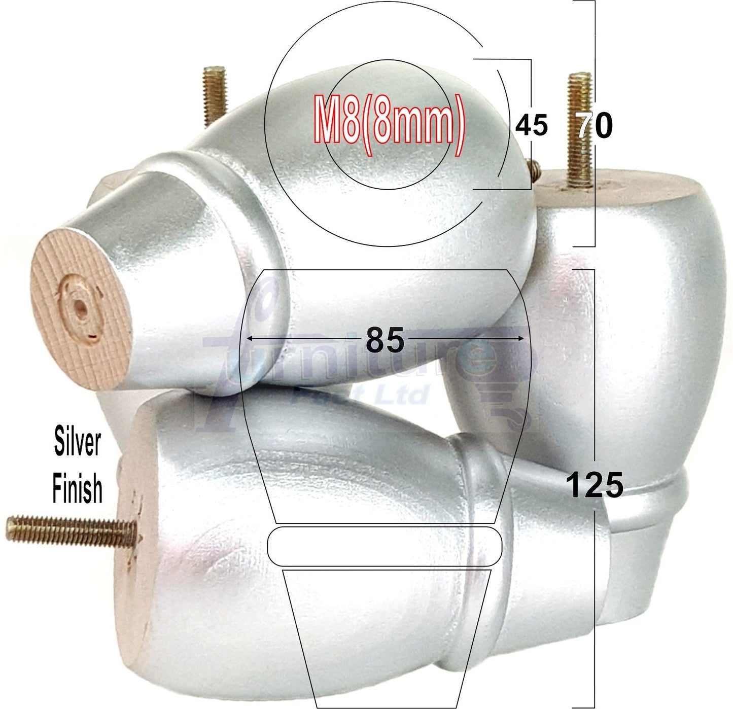 Set Of 4 Solid Wood Turned Replacement Furniture Legs 125mm High 8mm Thread