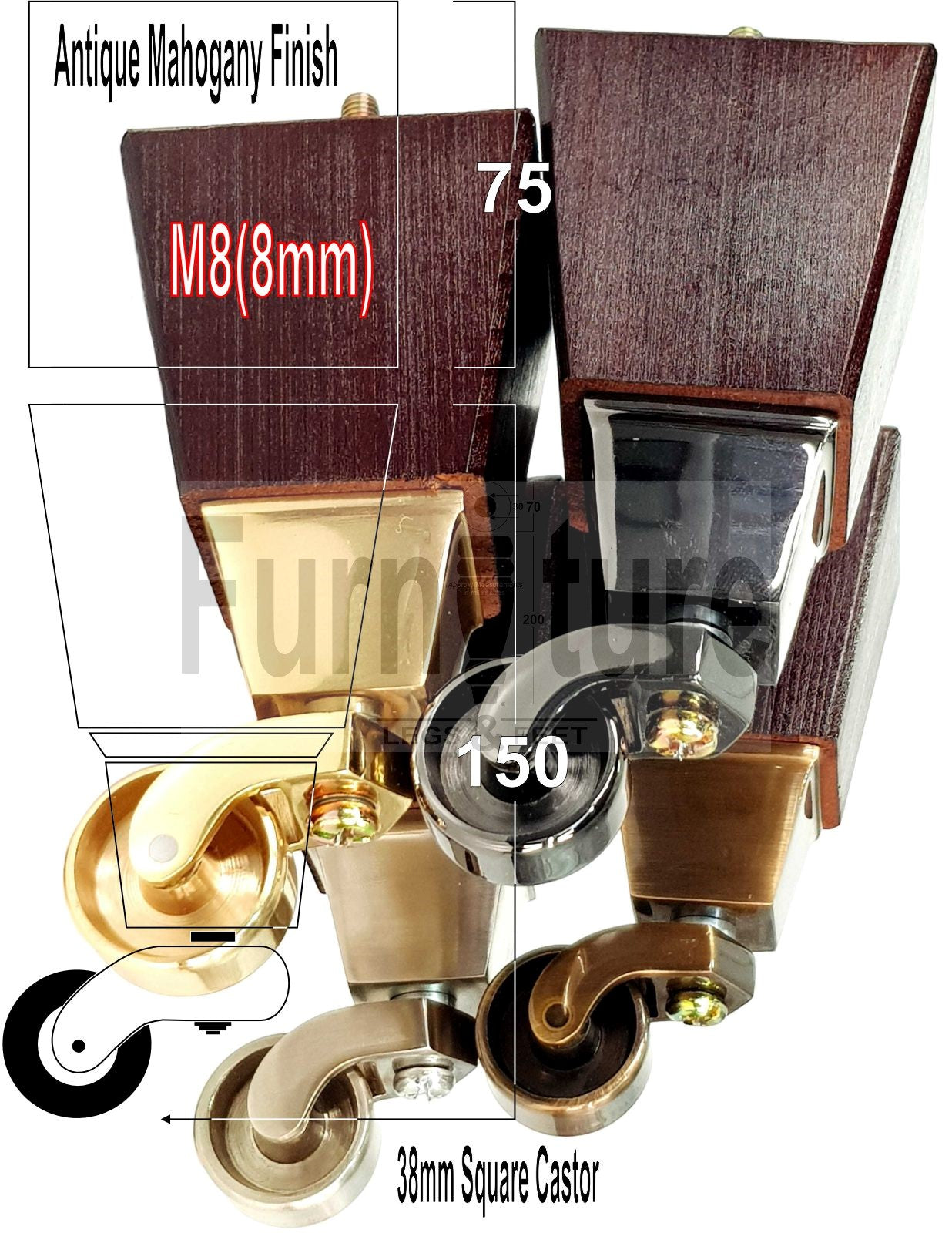 4x Block Wood Furniture Legs With Castor 8mm Thread For Chairs Settees Sofa 150mm High Mahogany