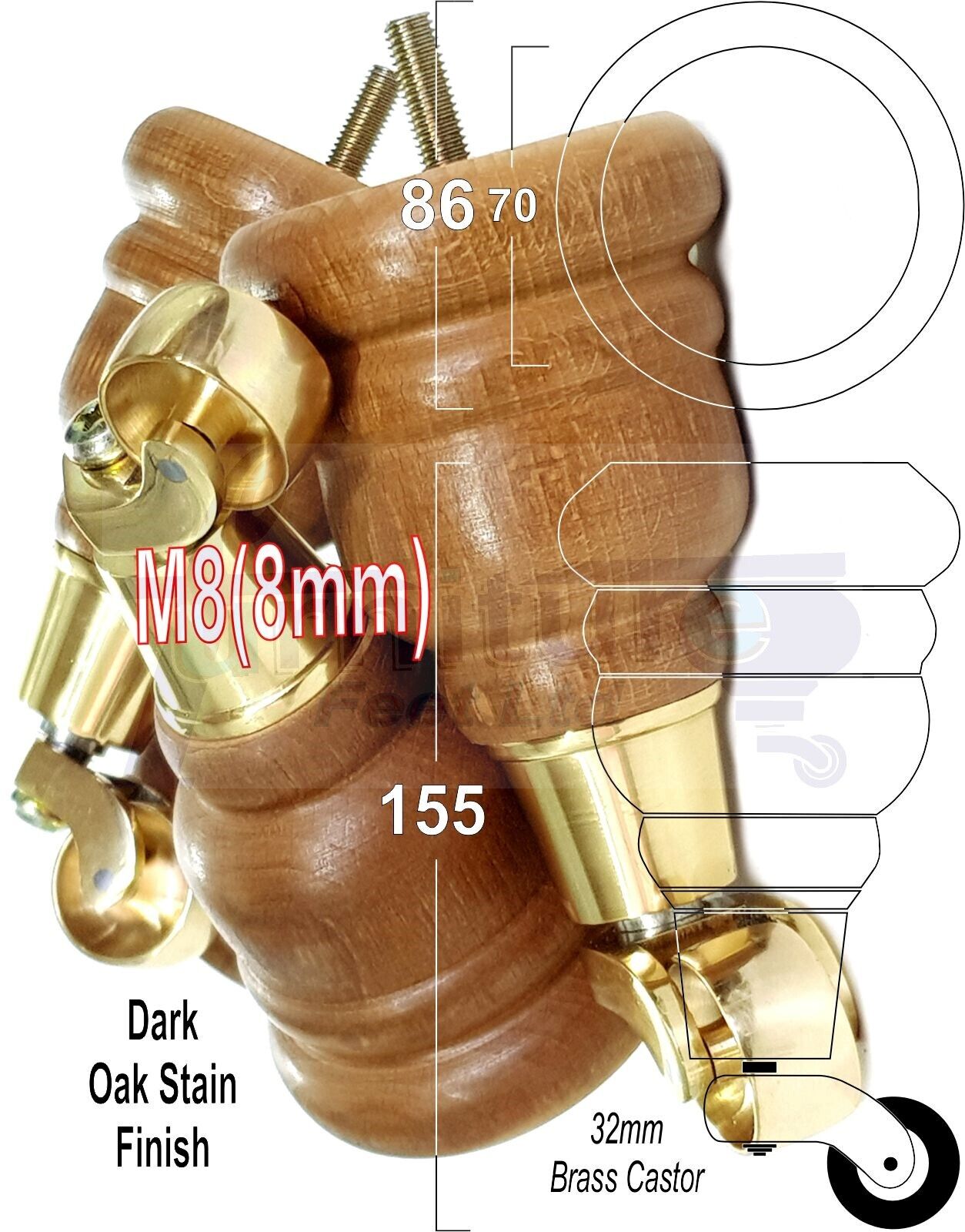 4 Turned Dark Oak Stain Wood Furniture Feet With Castors 155mm Legs Sofas Chairs Stools Cabinets Beds M8 6 Inches	