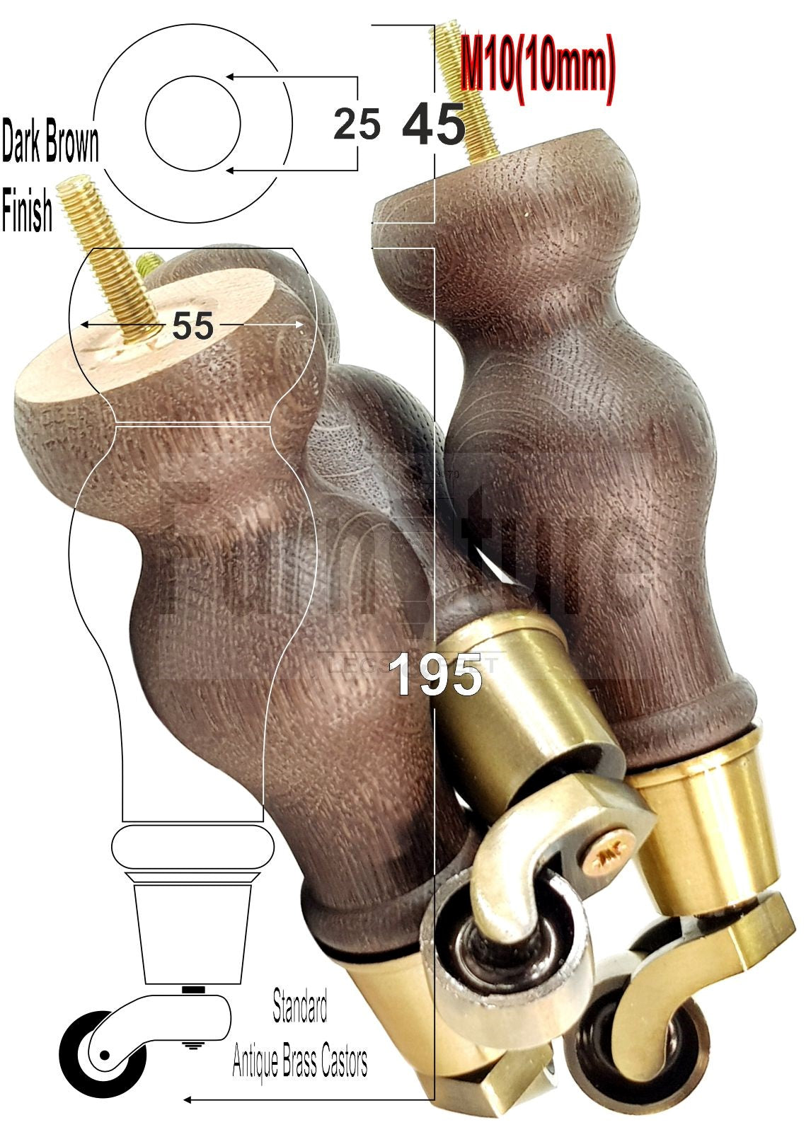 4x Solid Oak Wood Furniture Castor Legs Sofa Settee Chair Replacement Feet 195mm