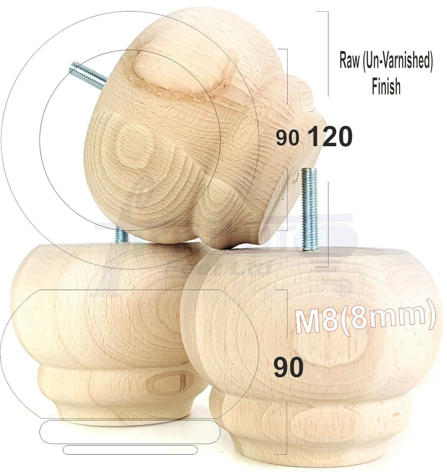 Set Of 4 Turned Wooden Furniture Legs Replacement Feet 90mm High 8mm Thread