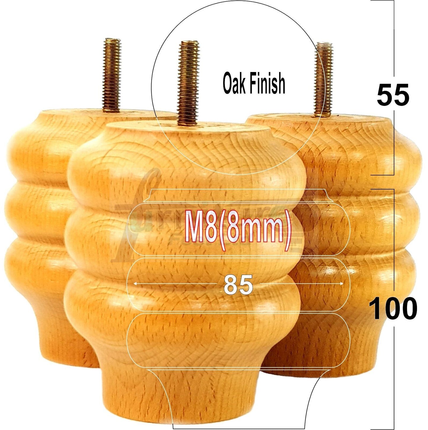 Set Of 4 Solid Wood Turned Furniture Legs Replacement Bun Feet 100mm High 8mm Thread