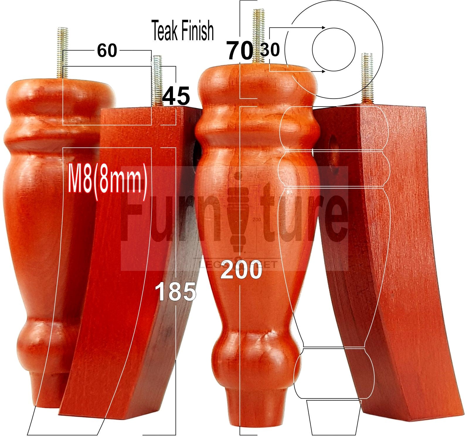 2 Traditional Turned Furniture Feet Replacement Sofa Legs 200mm & 2 Curved Back Legs 185mm for Chairs Stools Sofa Beds Settee Cabinets M8