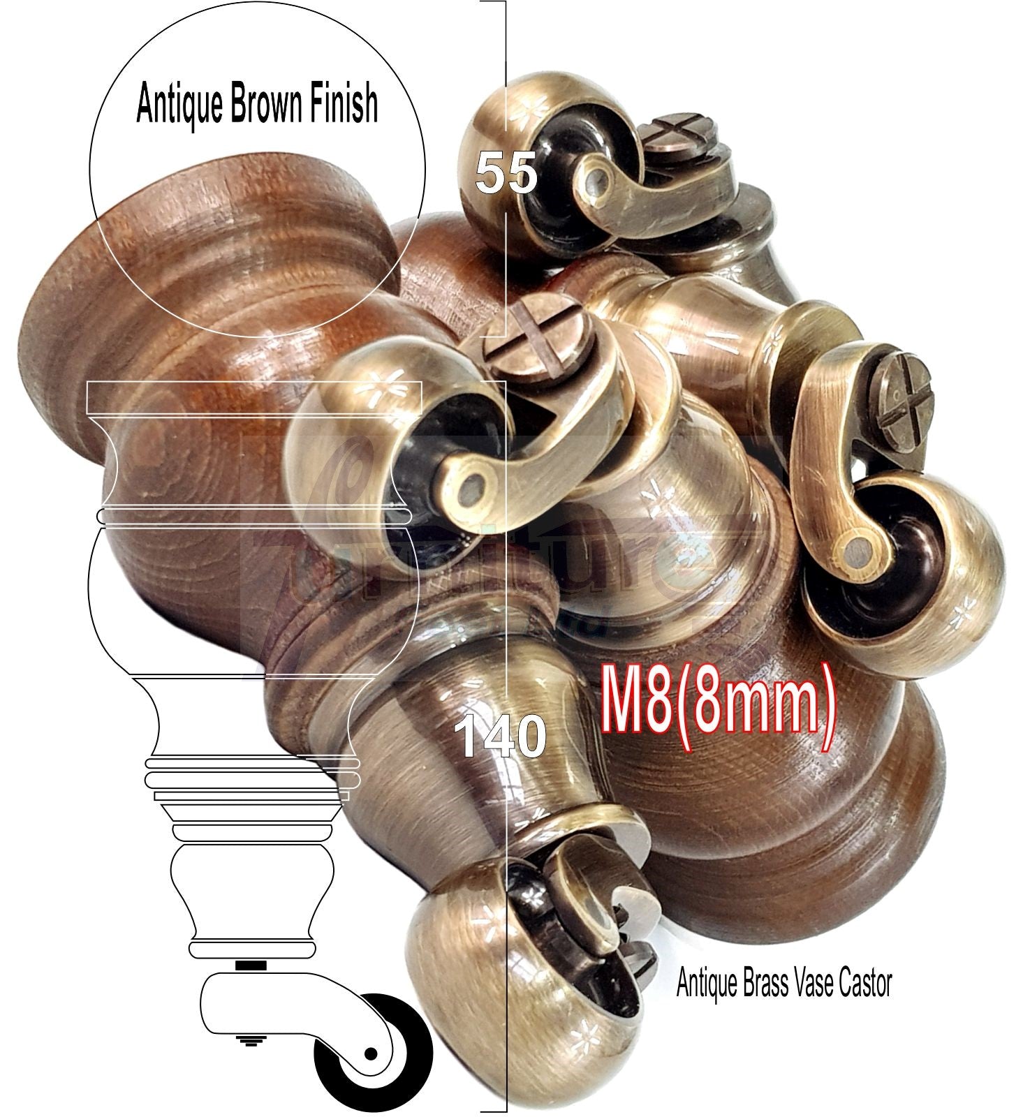 Set Of 4 Turned Wood Furniture Legs With Antique Castor 140mm High M8(8mm) For Chairs Settees & Cabinets