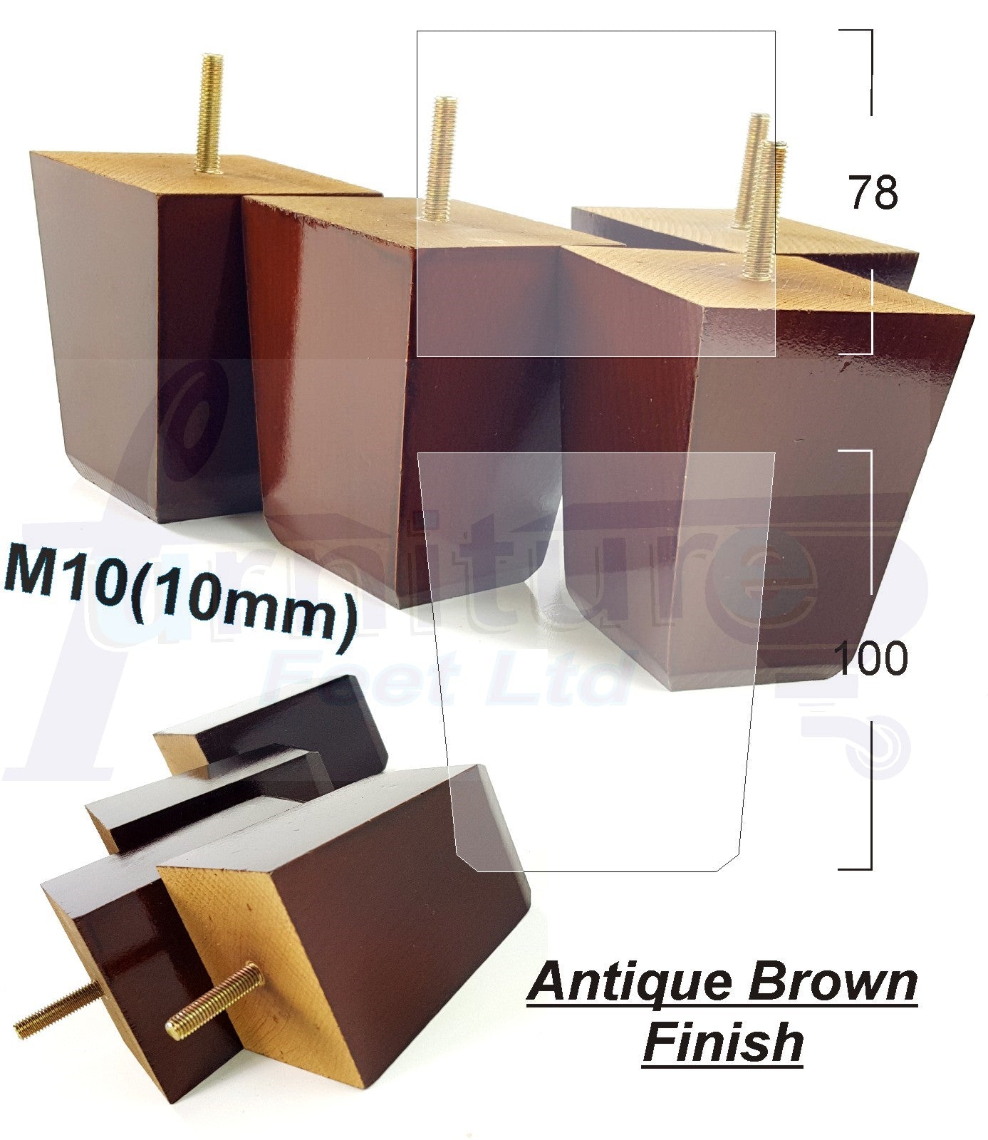 Set Of 4 Square Block Solid Wood Furniture Feet Replacement Legs 100mm High M10 Thread
