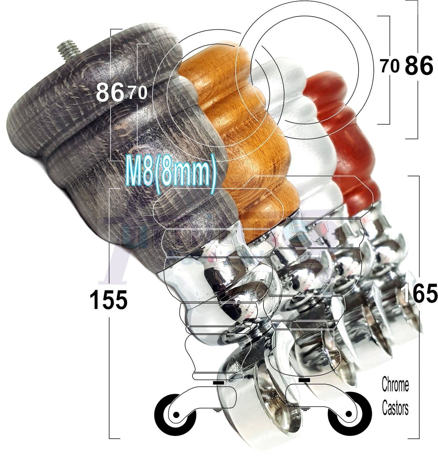 4 Turned Wood Furniture Feet With Chrome Cauldron Castors 155mm Legs Sofas Chairs Stools Cabinets Beds M8 6 Inches