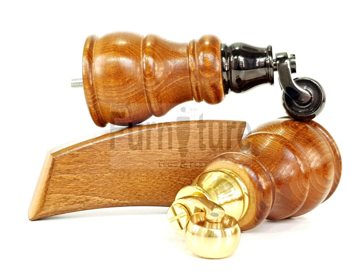 2 Wooden Castor Furniture Sofa Legs & 2 Curved Back Feet  Dark Oak Stain M8 Chair Settee Feet 160mm High