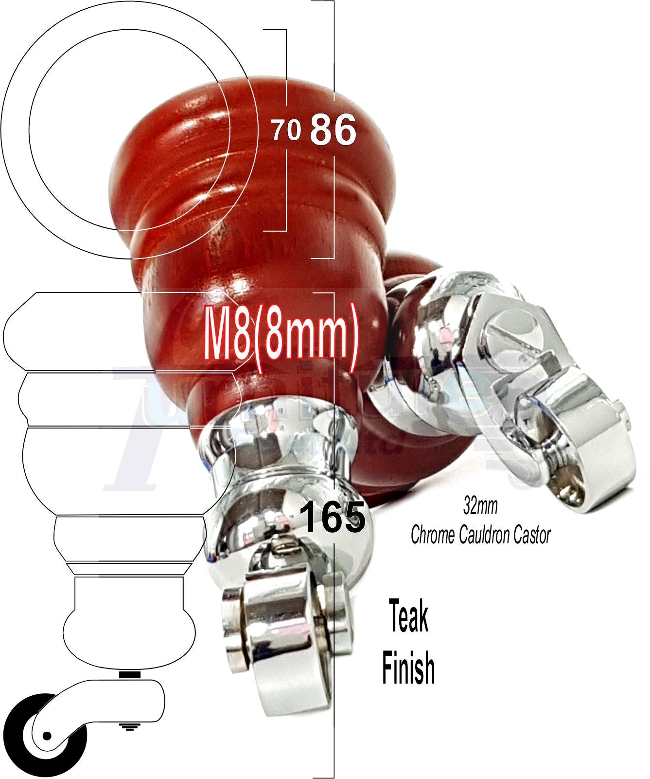 4 Turned Wood Furniture Feet With Chrome Cauldron Castors 155mm Legs Sofas Chairs Stools Cabinets Beds M8 6 Inches