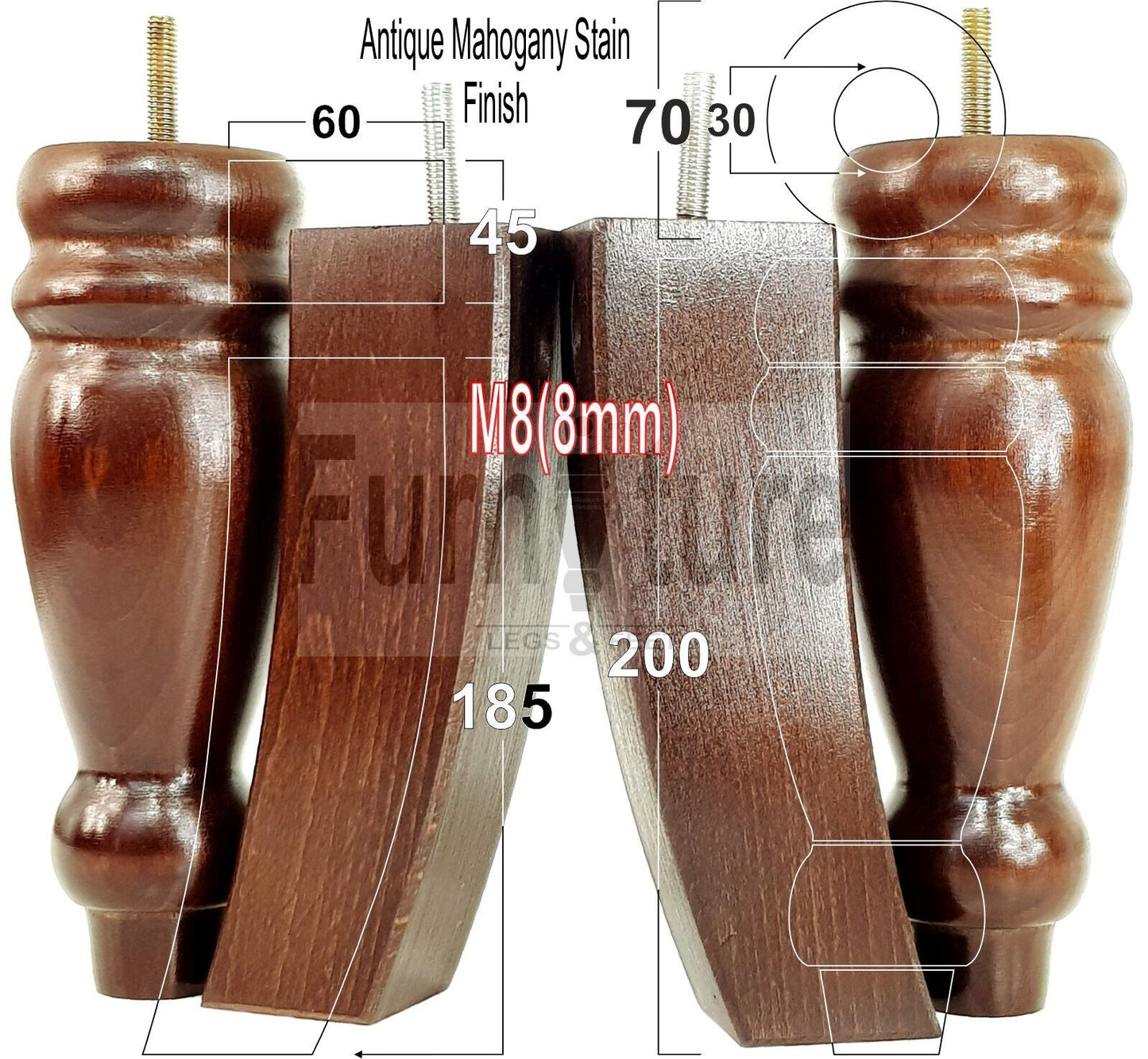 2 Traditional Turned Furniture Feet Replacement Sofa Legs 200mm & 2 Curved Back Legs 185mm for Chairs Stools Sofa Beds Settee Cabinets M8