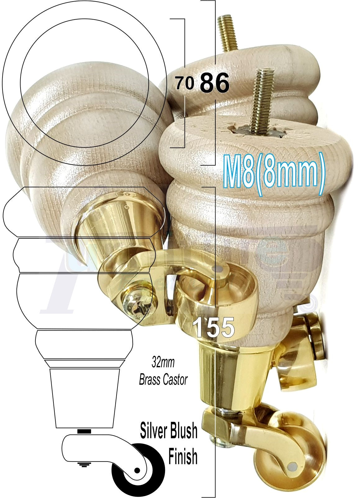 4 Turned Wood Furniture Feet With Brass Castors 155mm Legs Sofas Chairs Stools Cabinets Beds M8 6 Inches