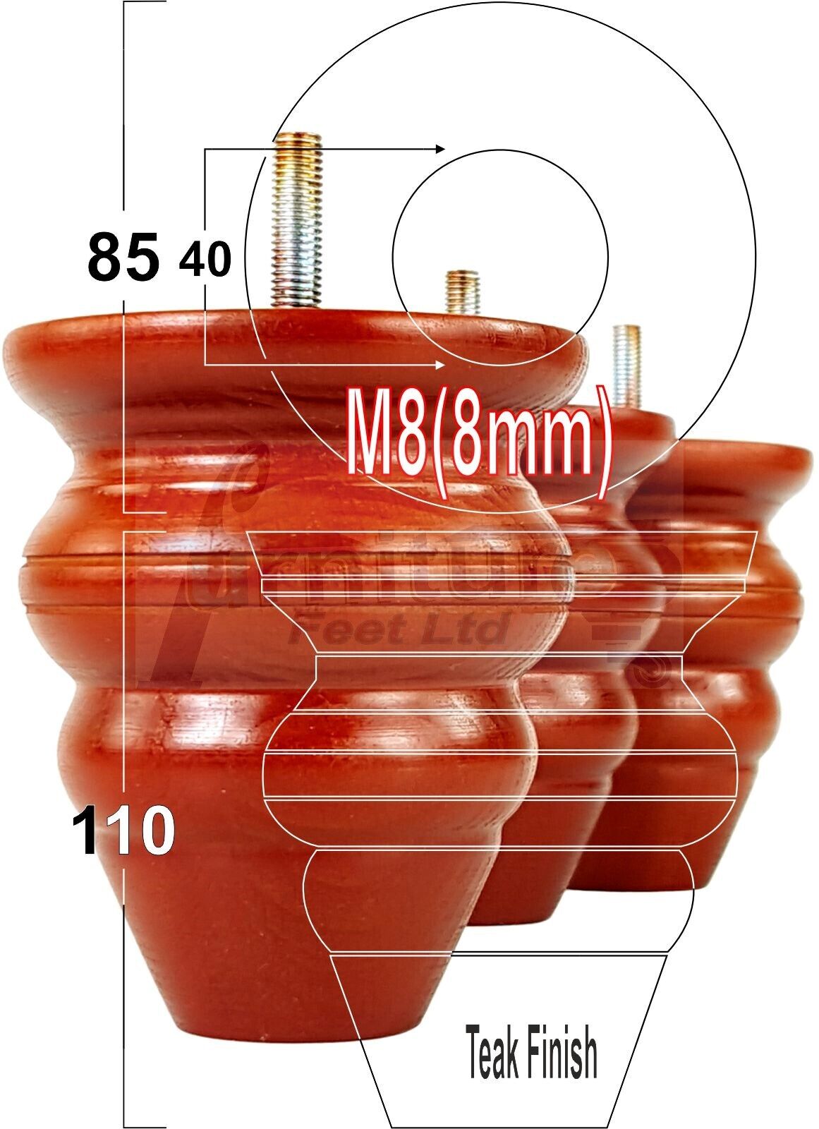 4x Turned Wood Furniture Legs Replacement Feet 110mm High Multiple Colours Chairs Stools Sofa's Beds Settee Cabinets M8