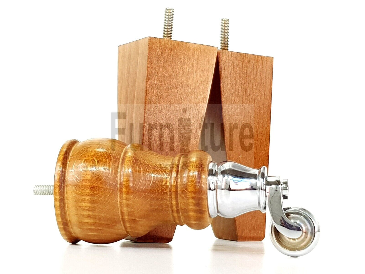 2 Wooden Castor Furniture Sofa Legs & 2 Curved Back Feet  Dark Oak Stain M8 Chair Settee Feet 160mm High