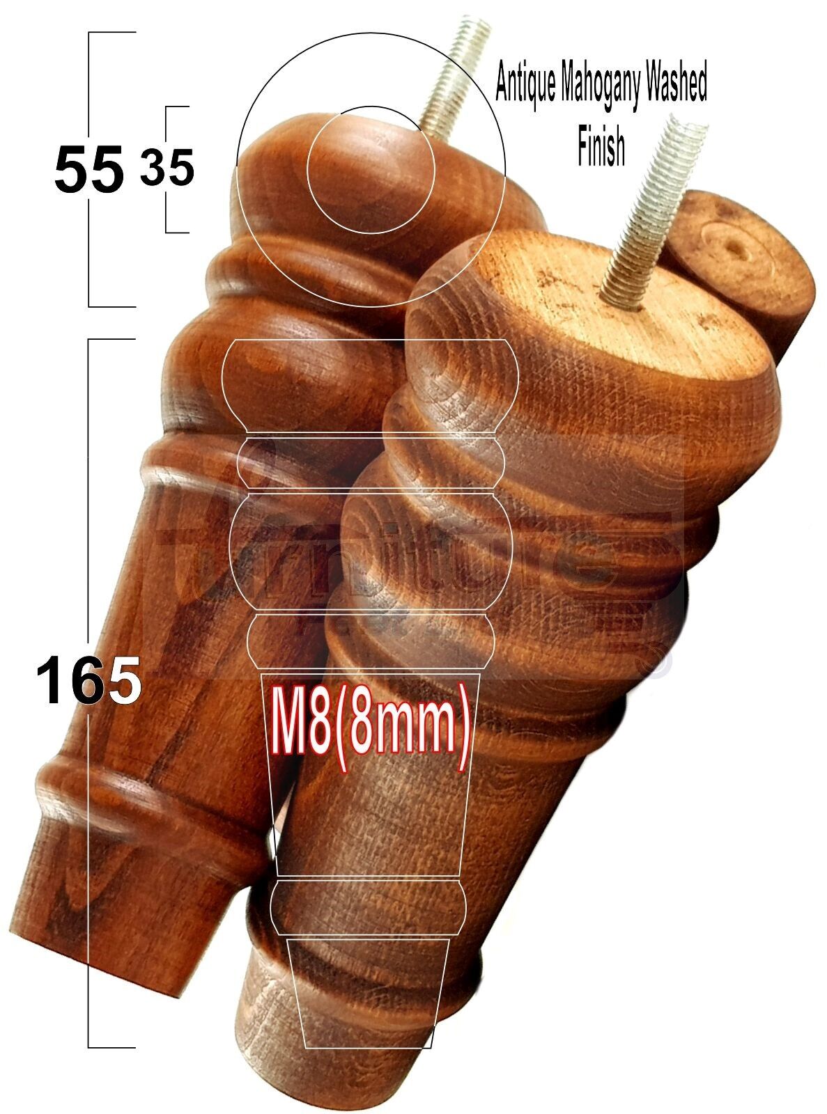 4 Wood Turned Furniture Legs Replacement Bun Feet 165mm High Multiple Colours 6.5 Inches Chairs Stools Sofa's Beds Settee Cabinets M8