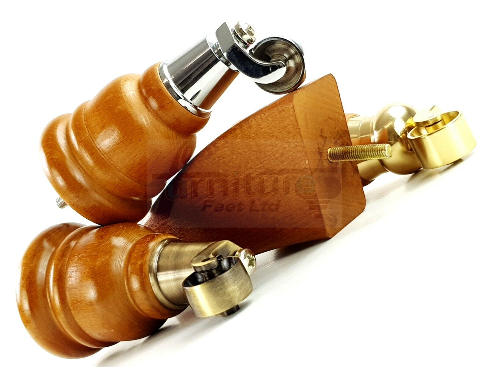  Golden Oak Turned Wood Furniture Feet 2 With Castors 155mm and 2 Curved Back Legs Sofas Chairs Stools Cabinets Beds M8 6 Inches