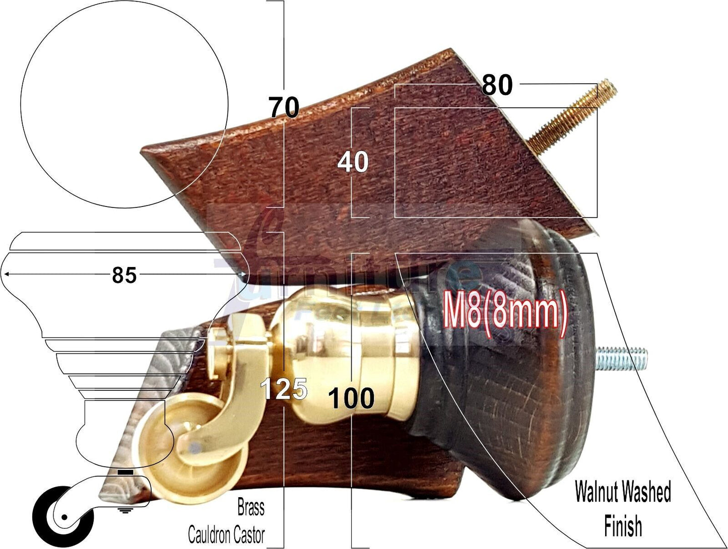 2 Dark Walnut Washed Wood Furniture Sofa Feet With Castor 125mm & 2 Curved Legs Chair Settee 100mm High M8