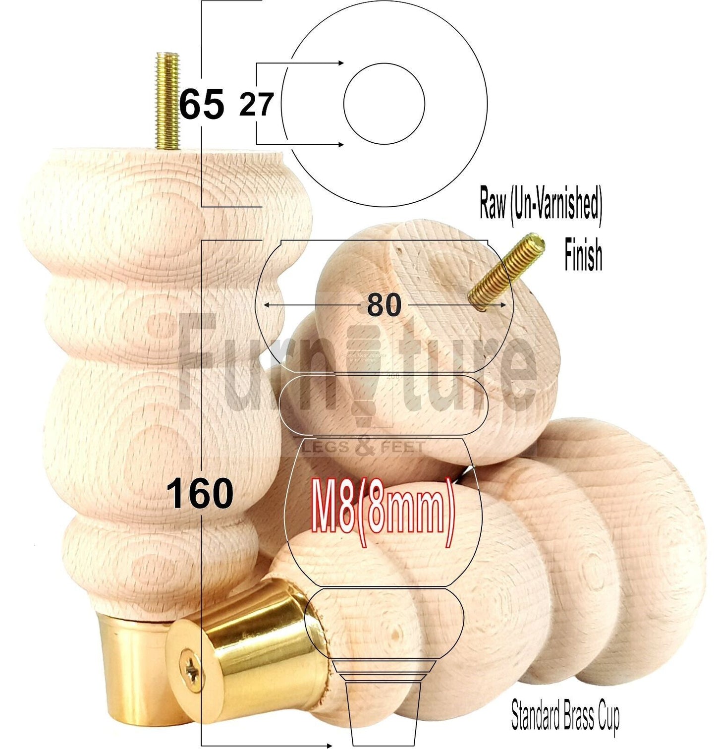 4x Turned M8 Wood Furniture Chair Sofa, Settee Legs Feet Brass Slipper Cup 160mm
