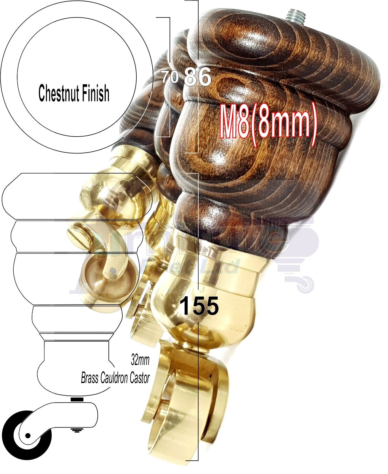 4 Turned Wood Furniture Feet With Brass Cauldron Castors 160mm Legs Sofas Chairs Stools Cabinets Beds M8 6 Inches