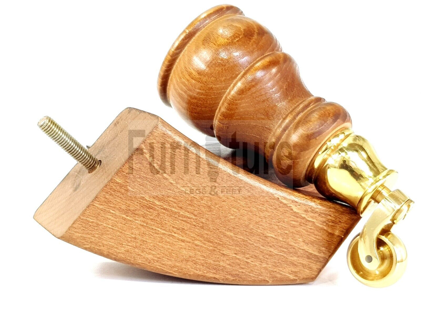 2 Wooden Castor Furniture Sofa Legs & 2 Curved Back Feet  Dark Oak Stain M8 Chair Settee Feet 160mm High