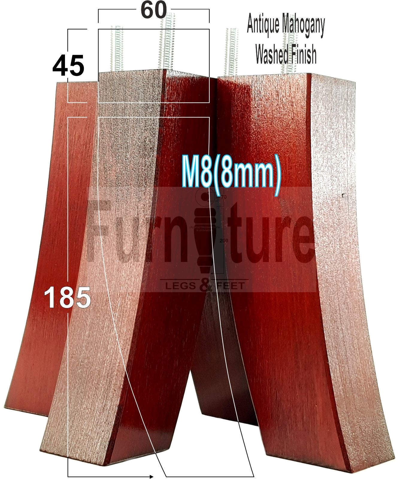 Set Of 4 Solid Wood Curved Furniture Feet Replacement Legs 185mm High M8(8mm)