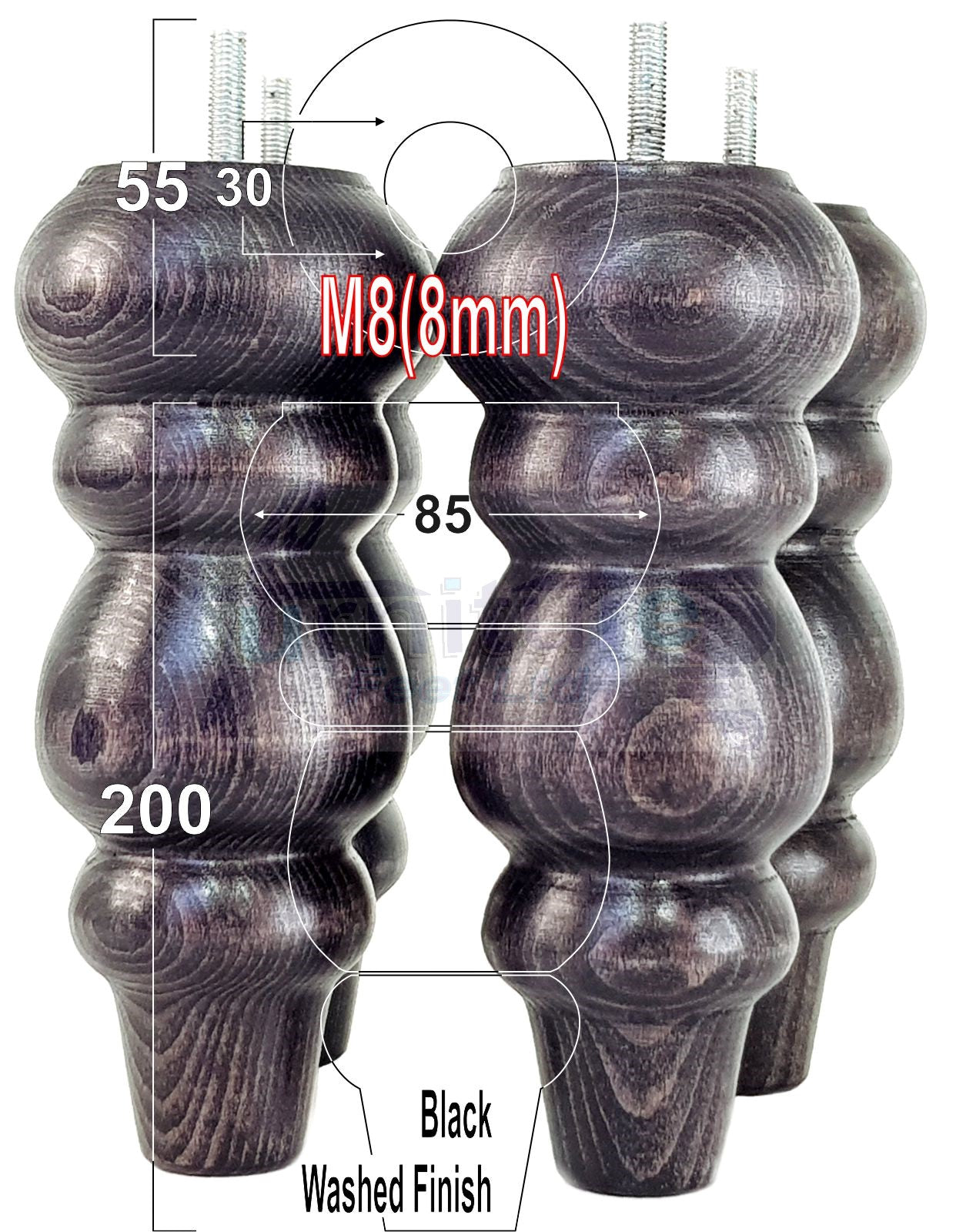 4 Solid Wood Furniture Legs Replacement Turned Feet 200mm High M8(8mm) Thread: Black Washed