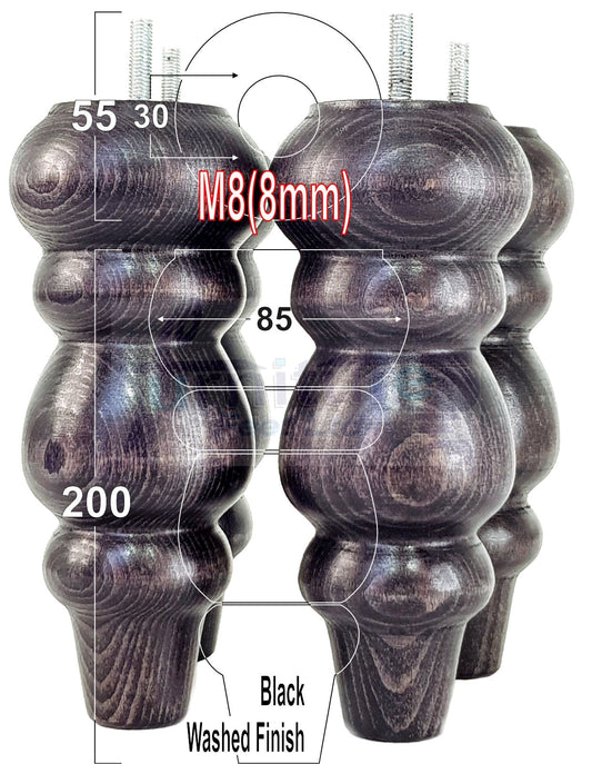4 Solid Wood Furniture Legs Replacement Turned Feet 200mm High M8(8mm) Thread: Black Washed