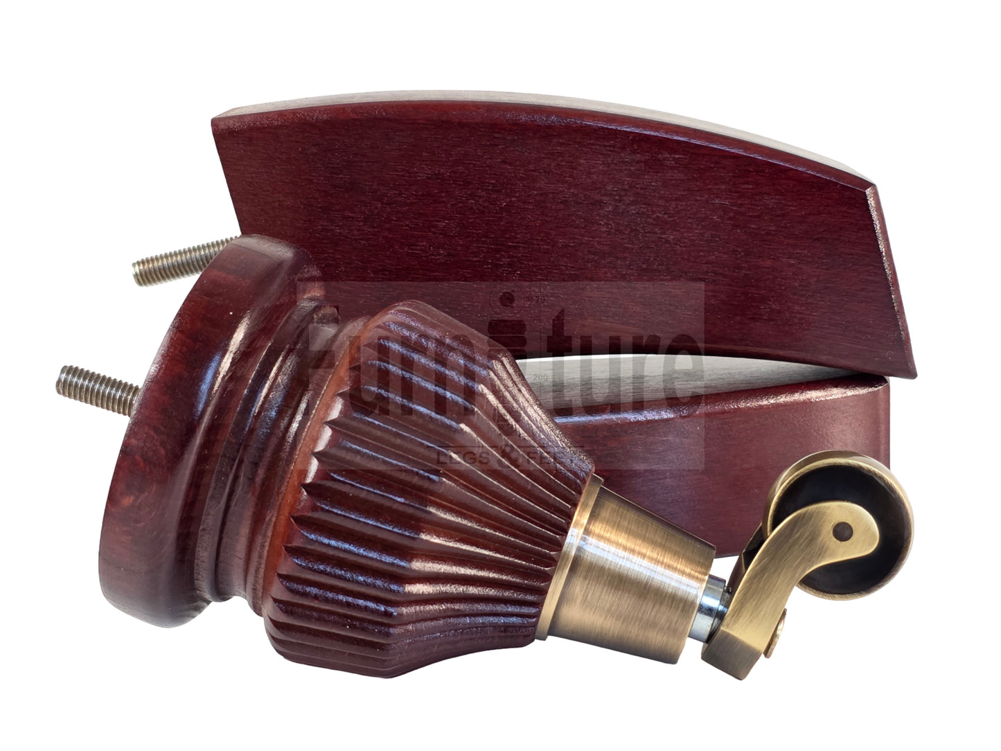 Solid Wood Furniture Replacement Legs 6 Inches with Castors and Back Feet 155mm High M8 Dowl Fixing - Mahogany Finish