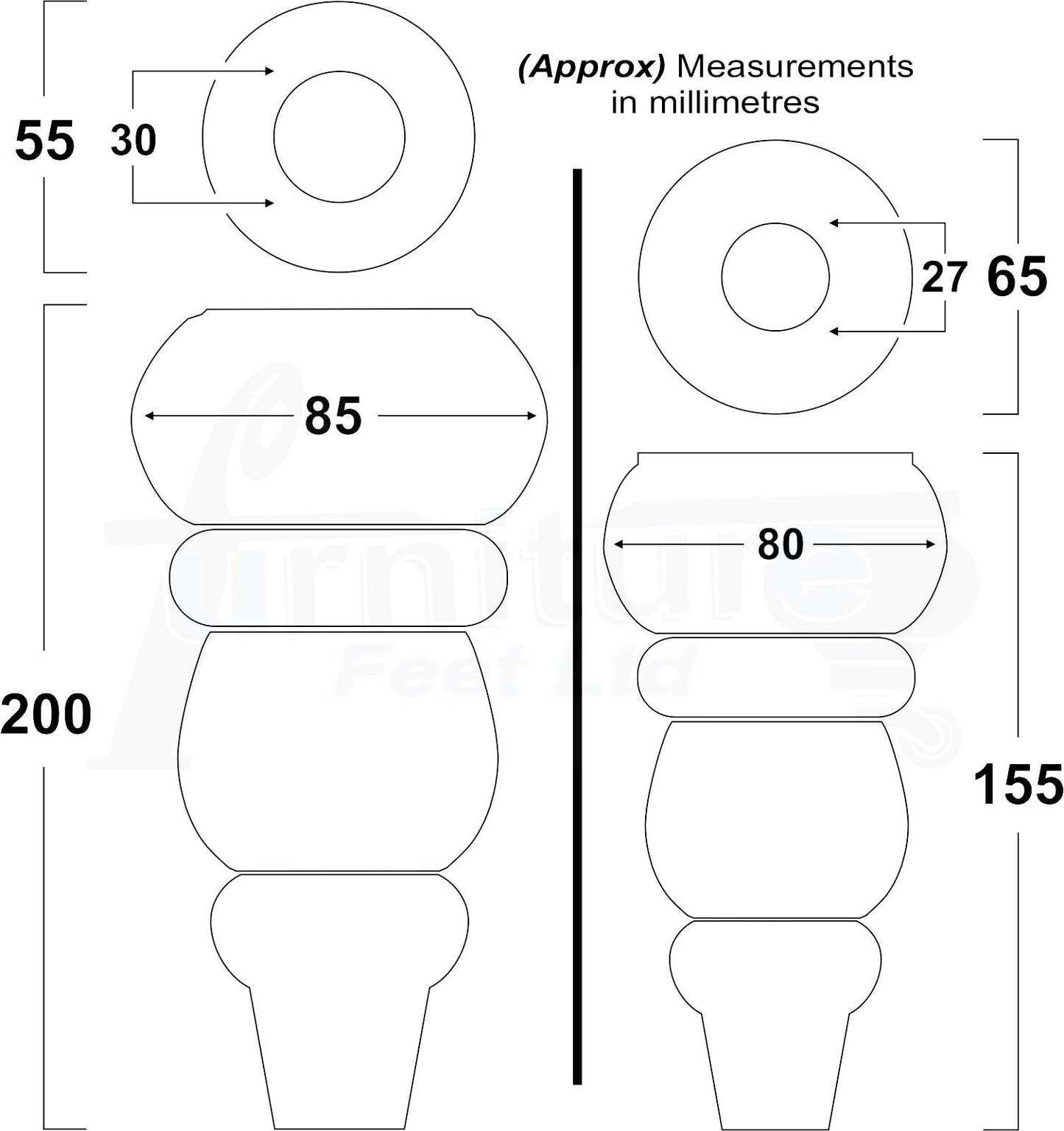 Solid Wood Furniture Feet Replacement Turned Legs 200mm High Chairs Stools Sofa's Beds Settee Cabinets M8 Various Colours Set of 4