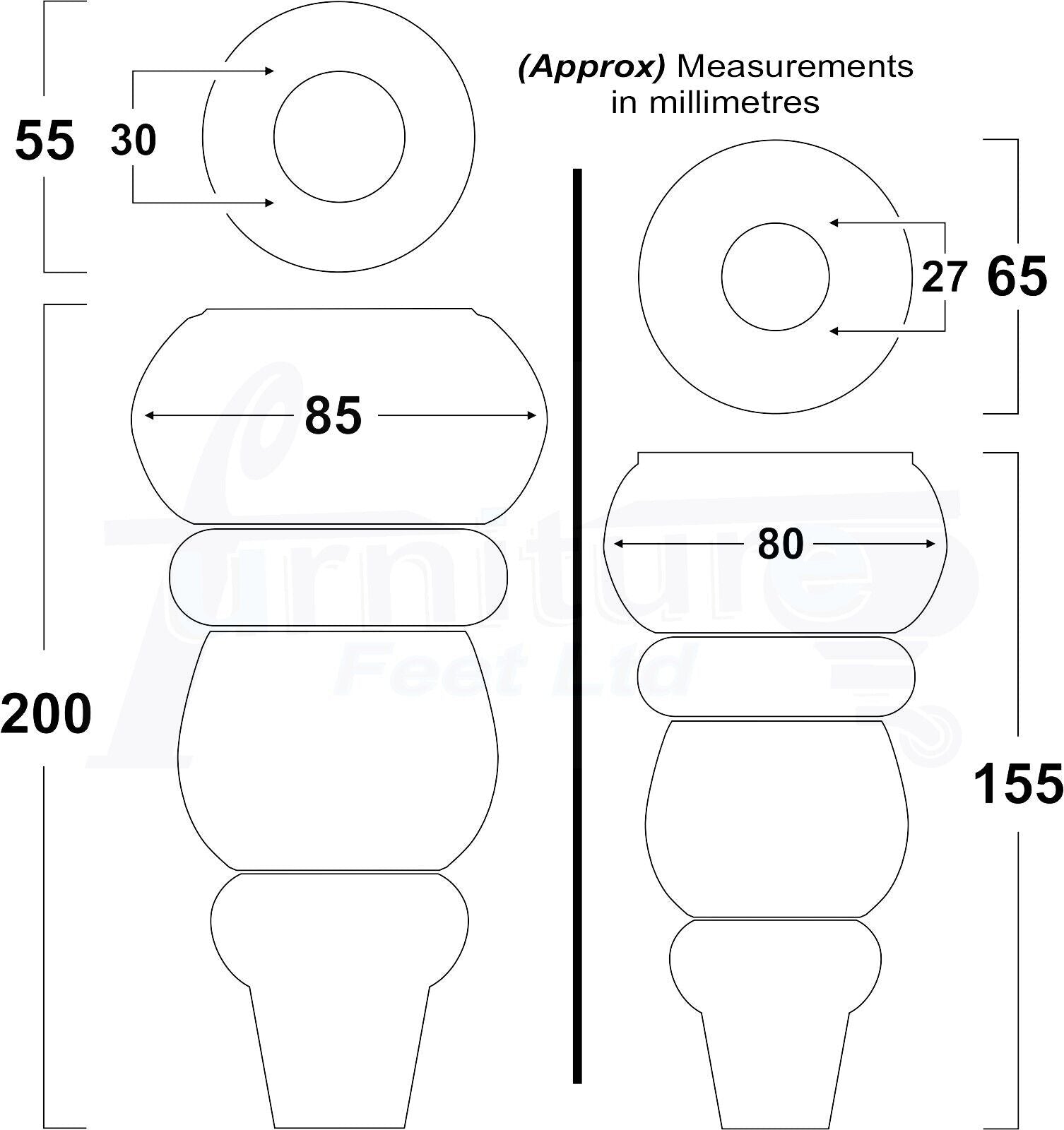 Solid Wood Furniture Feet Replacement Turned Legs 200mm High Chairs Stools Sofa's Beds Settee Cabinets M8 Various Colours Set of 4