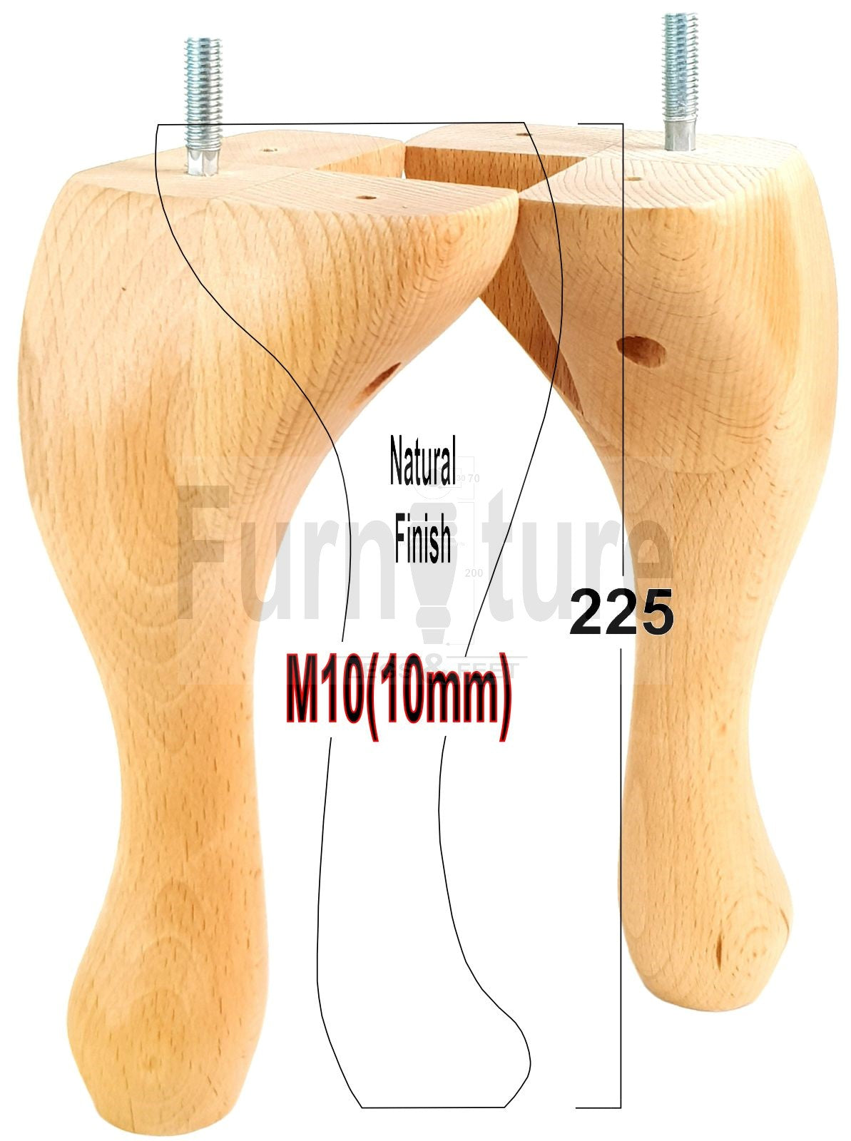 4 Solid Wood Furniture Legs 225mm High Queen Anne Replacement Feet Chairs Settees Sofas M10 Thread