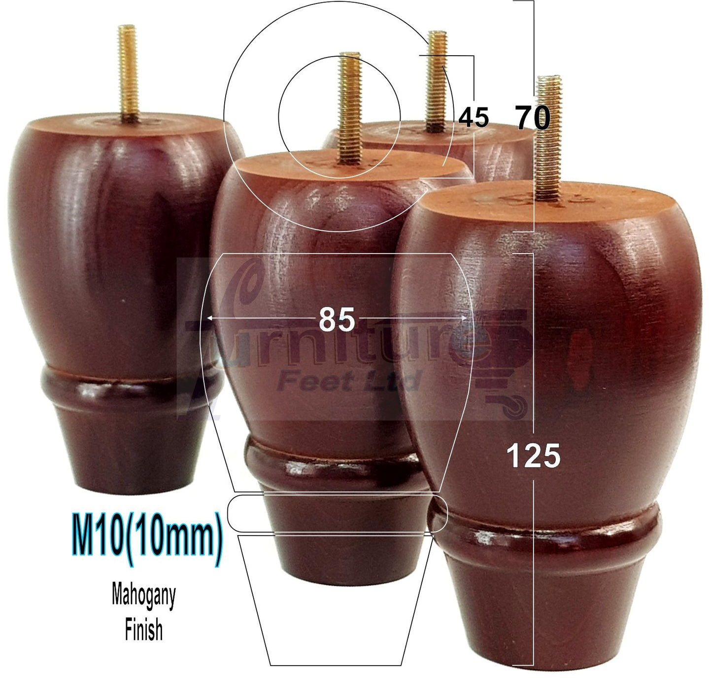 4x Wooden Turned Replacement Furniture Legs 125mm High Settee and Cabinet Feet 10mm Thread