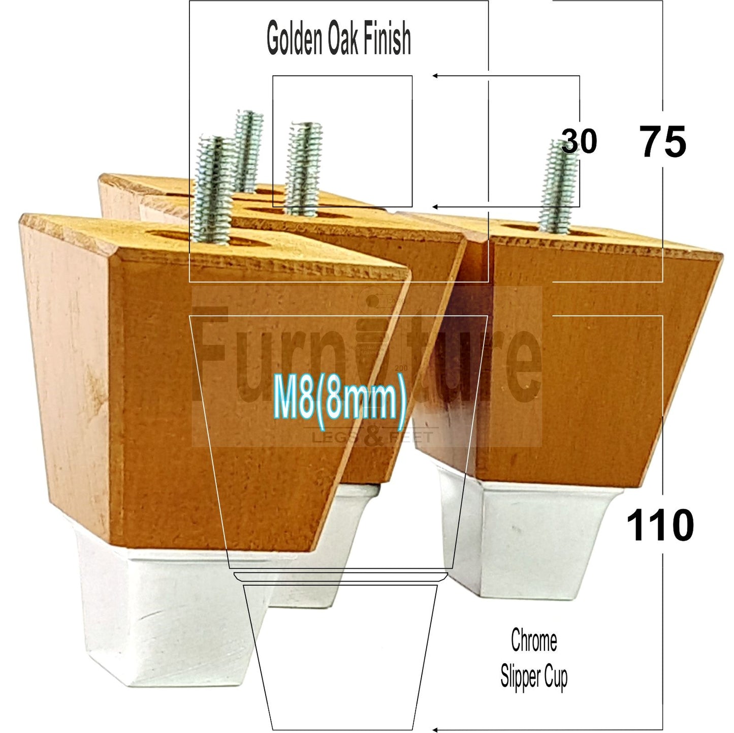 4x Block Wood With A Chrome Slipper Cup Furniture Chair Settee Legs M8 Sofa Feet 110mm