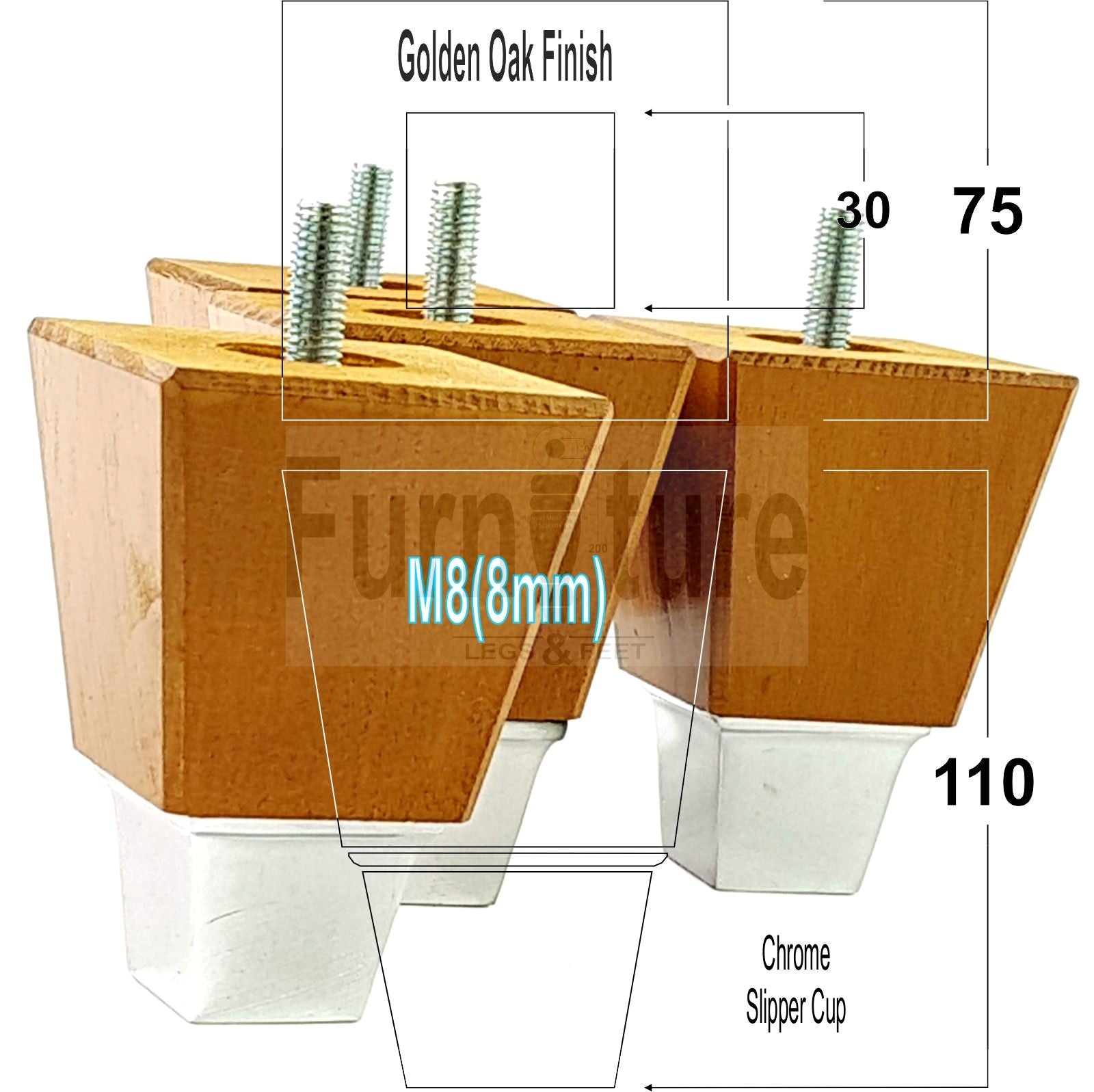 4x Block Wood With A Chrome Slipper Cup Furniture Chair Settee Legs M8 Sofa Feet 110mm