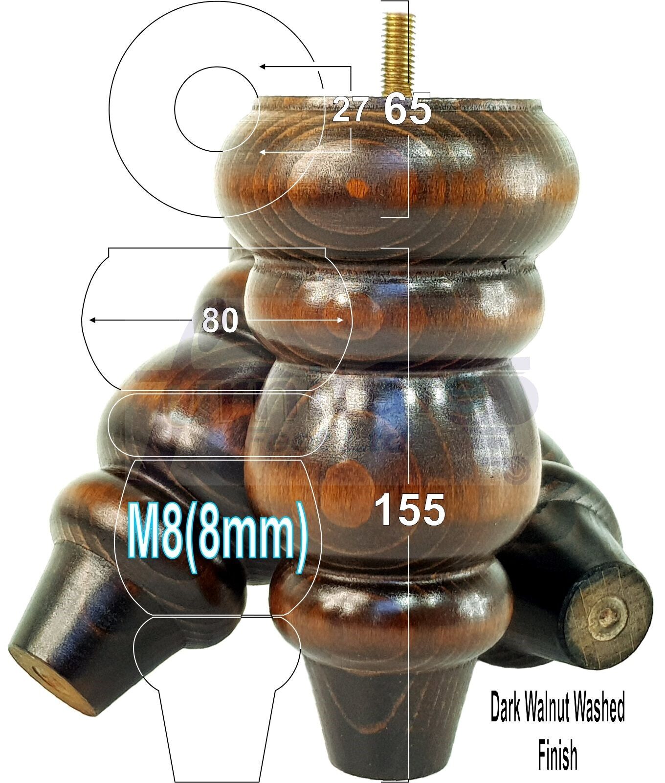 4 Solid Turned Wood Furniture Sofa Leg M8 Chair Settee Footstool Feet 155mm High