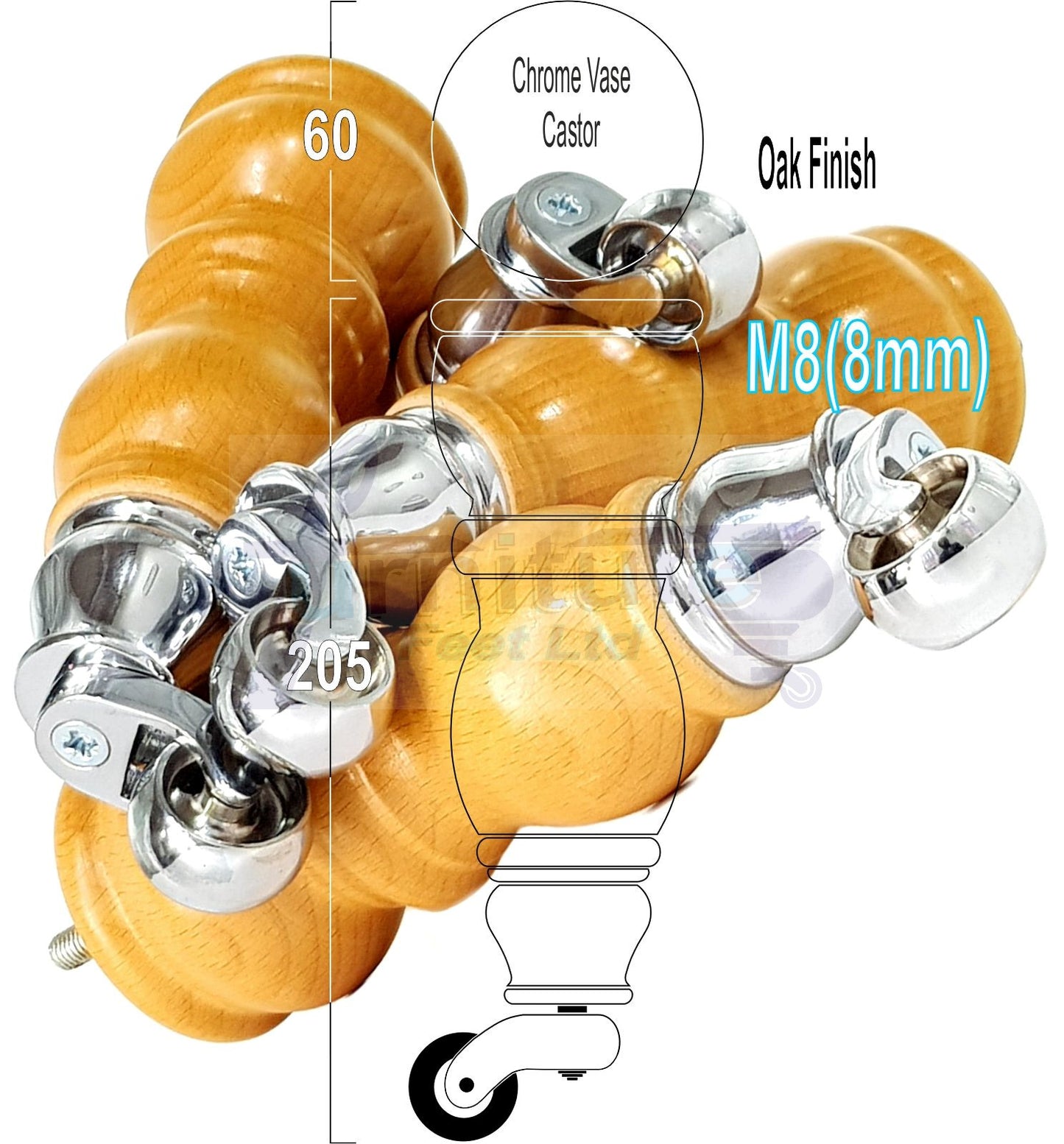 Solid Wood Furniture Feet With Castors Set of 4 Legs 205mm High For Sofas Chairs Stools Cabinets & Beds M8