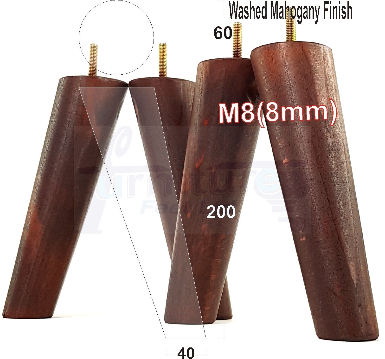 4 Solid Wood Turned Furniture Feet Replacement Mid Centry Angled Retro Legs 200mm High M8 Sofa Chairs Stools Cabinets Beds