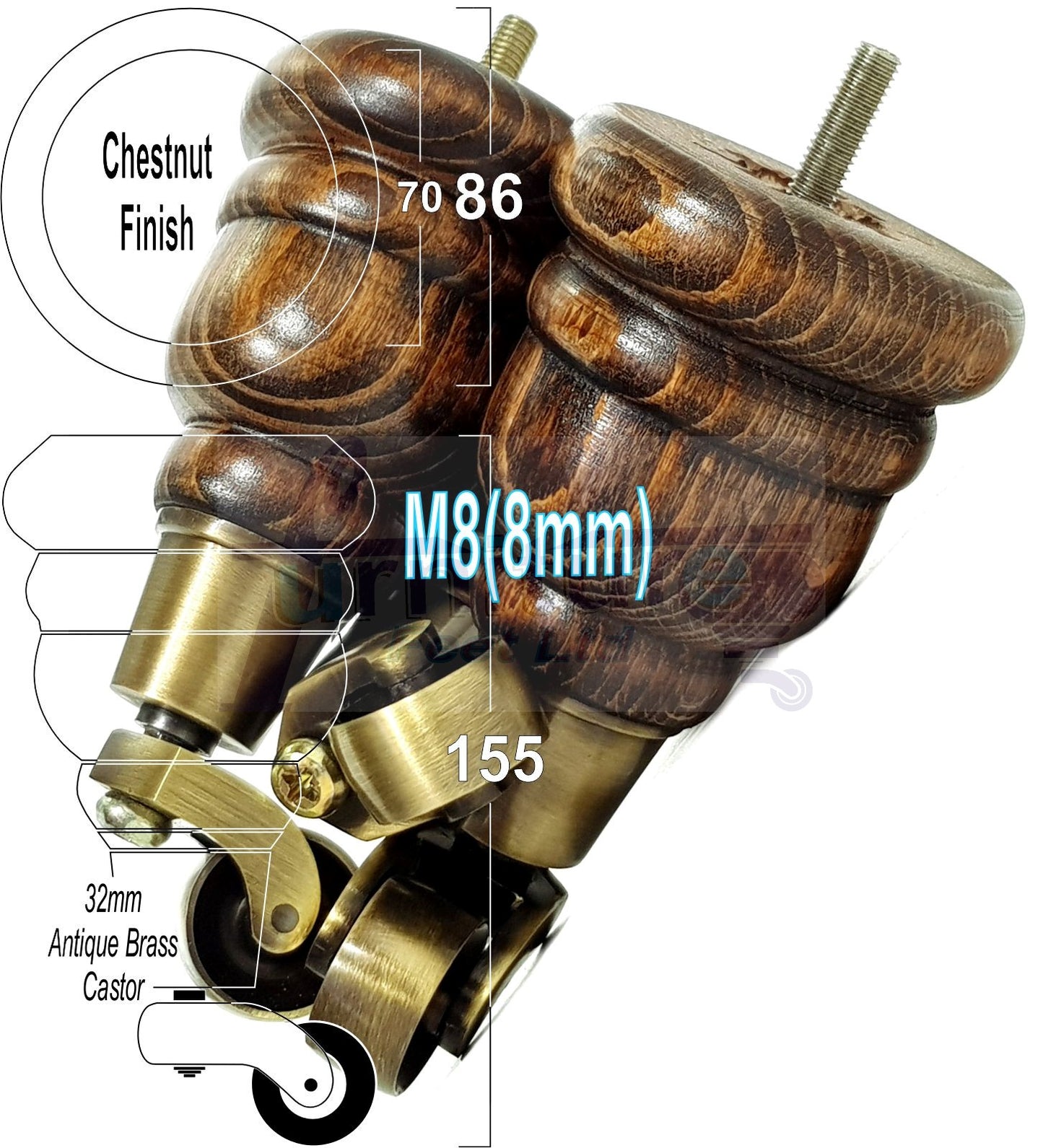 4 Turned Wood Furniture Feet With Antique Brass Castors 155mm Legs Sofas Chairs Stools Cabinets Beds M8 6 Inches