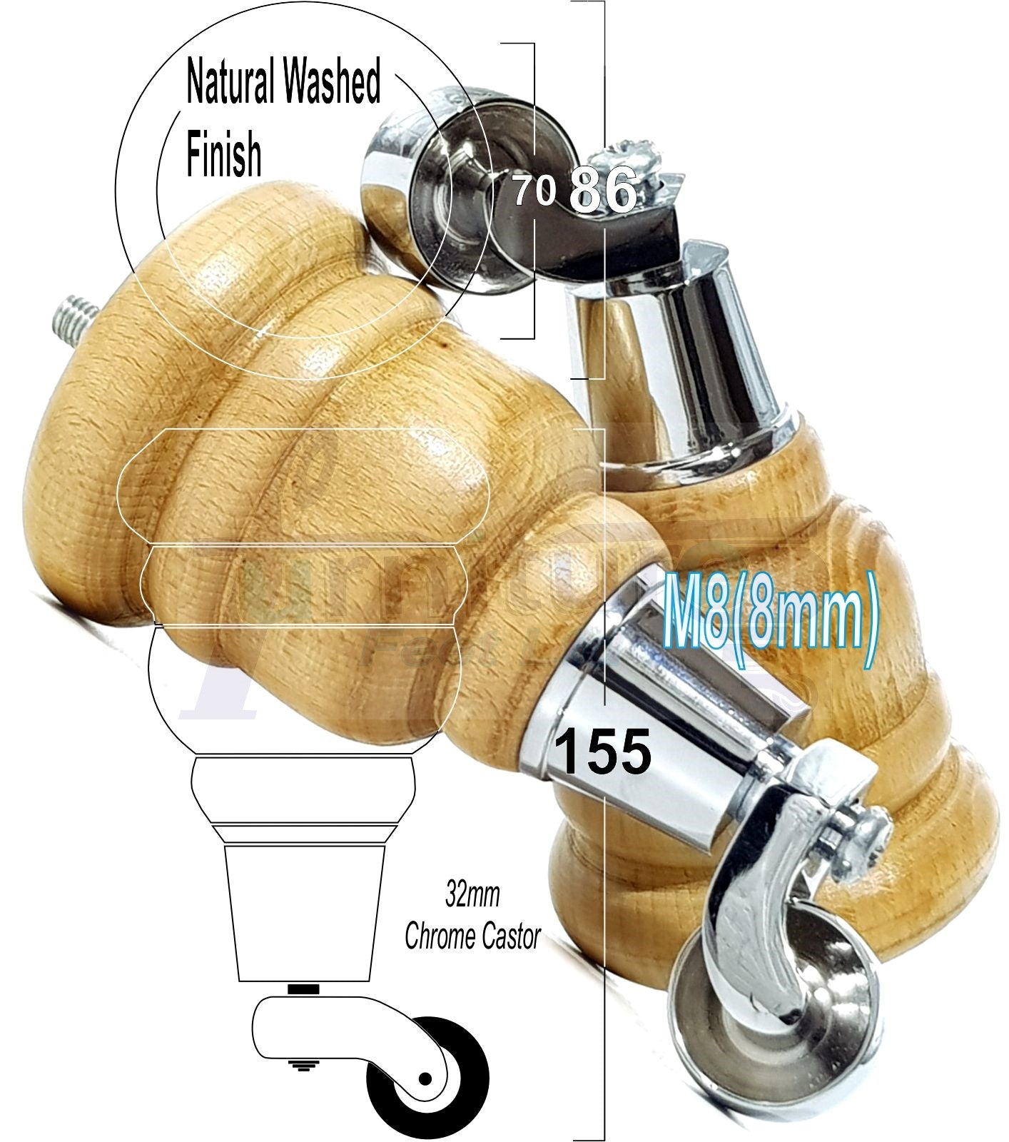 4 Turned Wood Furniture Feet With Chrome Castors 155mm Legs Sofas Chairs Stools Cabinets Beds M8 6 Inches