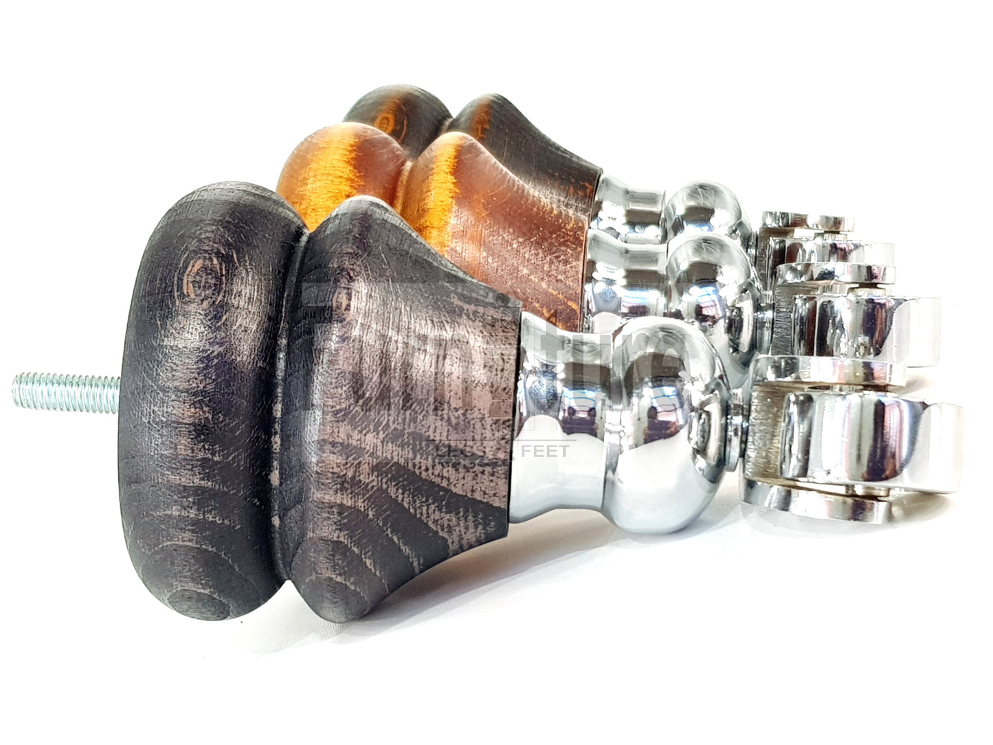 Set Of 4 Turned Furniture Wood Feet With Chrome Castors 150mm Sofas Chairs Settee Cabinets Beds M8(8mm)