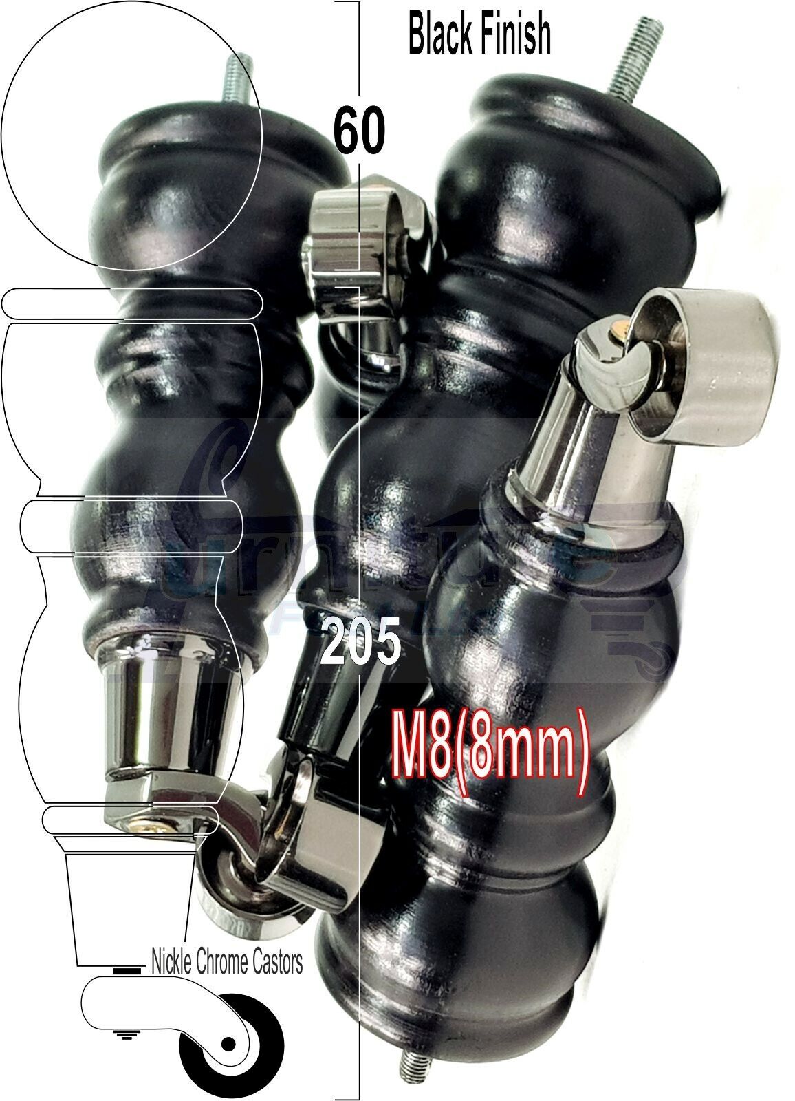 4x Furniture Feet With Castor 205mm High Legs Black Wood M8 Sofas Chairs Stools Cabinets 8 Inches Tall